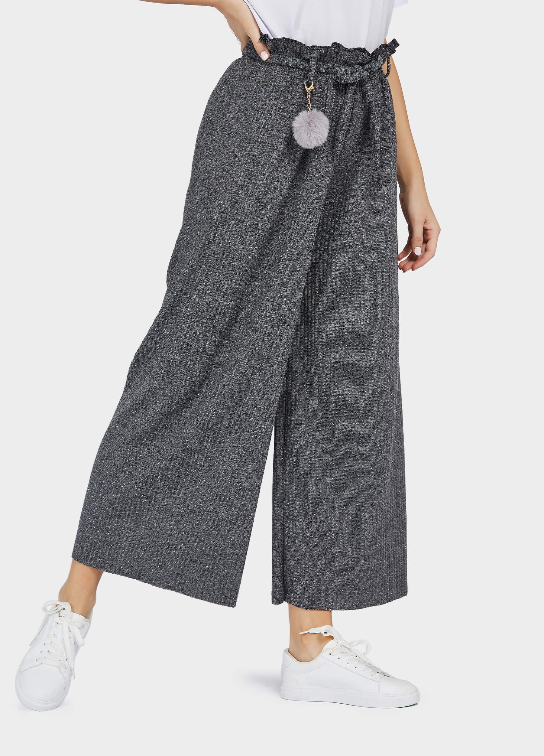 Women's Ruffle Trims Belted Comfort Wide Leg Trousers-Grey