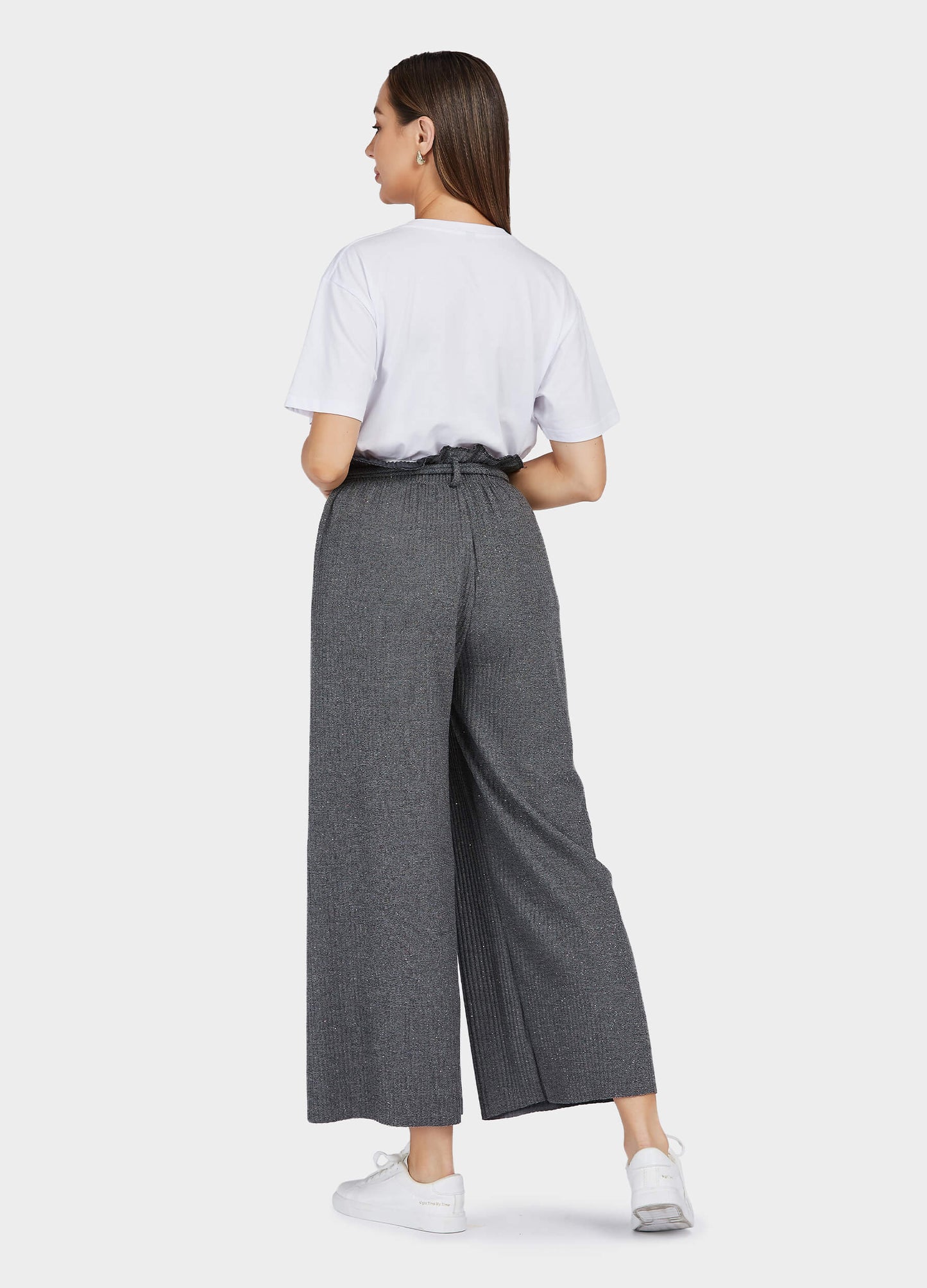 Women's Ruffle Trims Belted Comfort Wide Leg Trousers-Grey back view