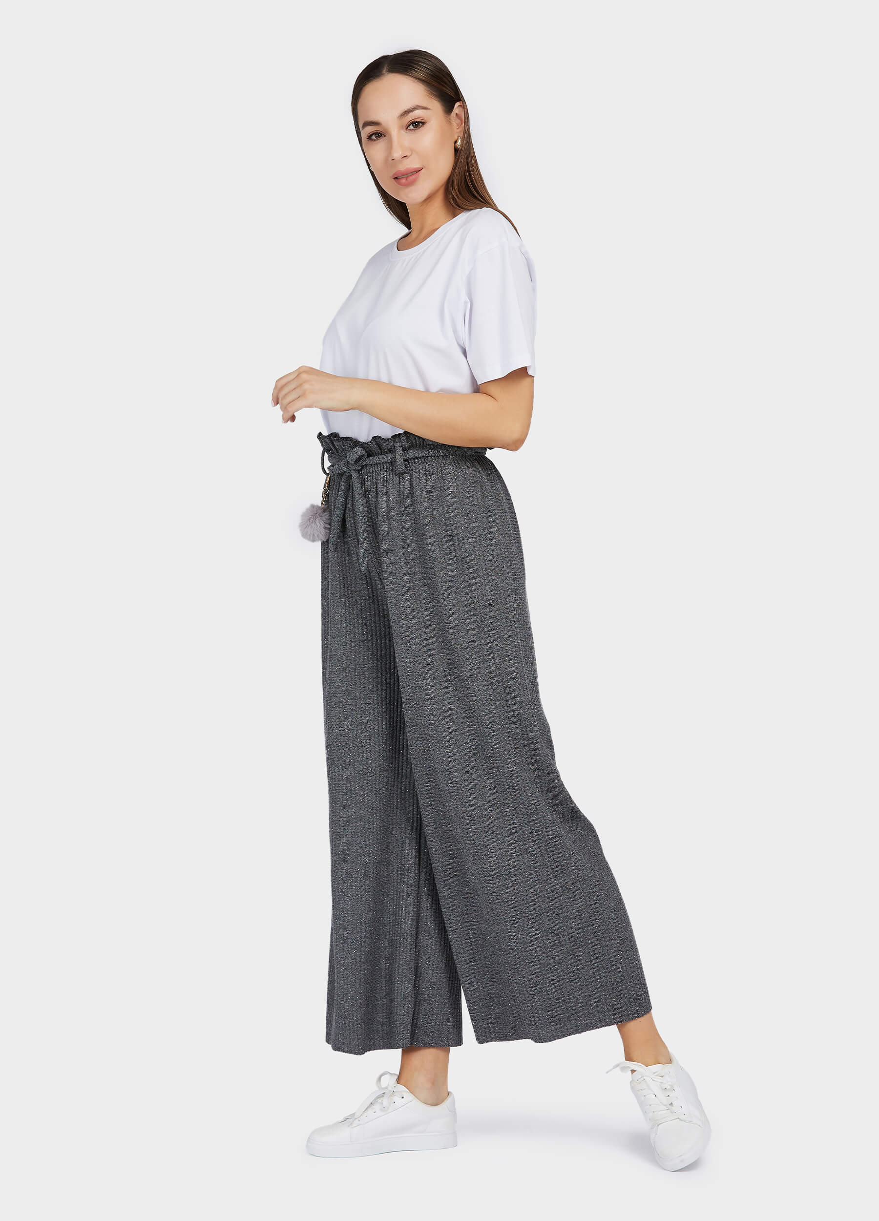 Women's Ruffle Trims Belted Comfort Wide Leg Trousers-Grey side view