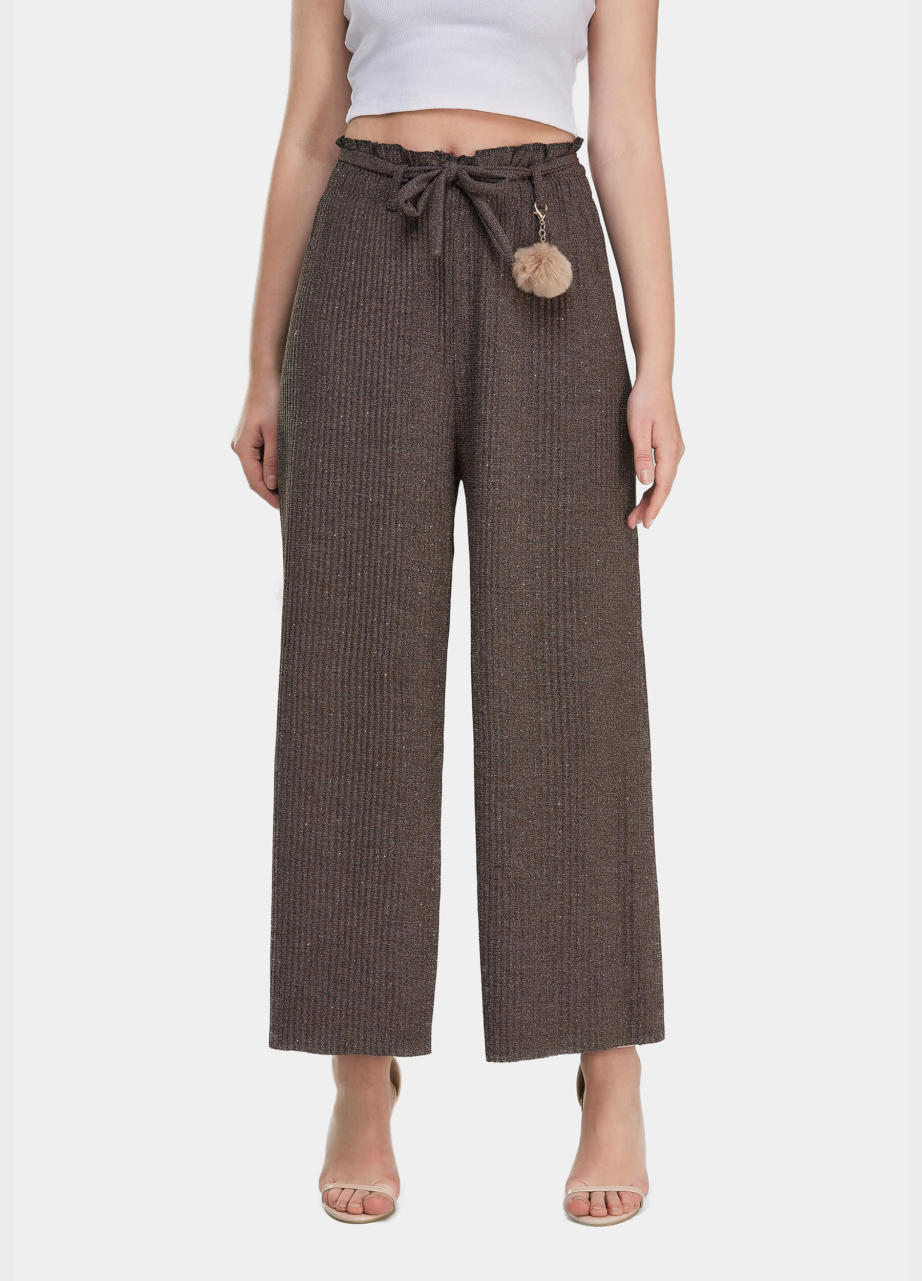 Women's Ruffle Trims Belted Comfort Wide Leg Trousers-Brown