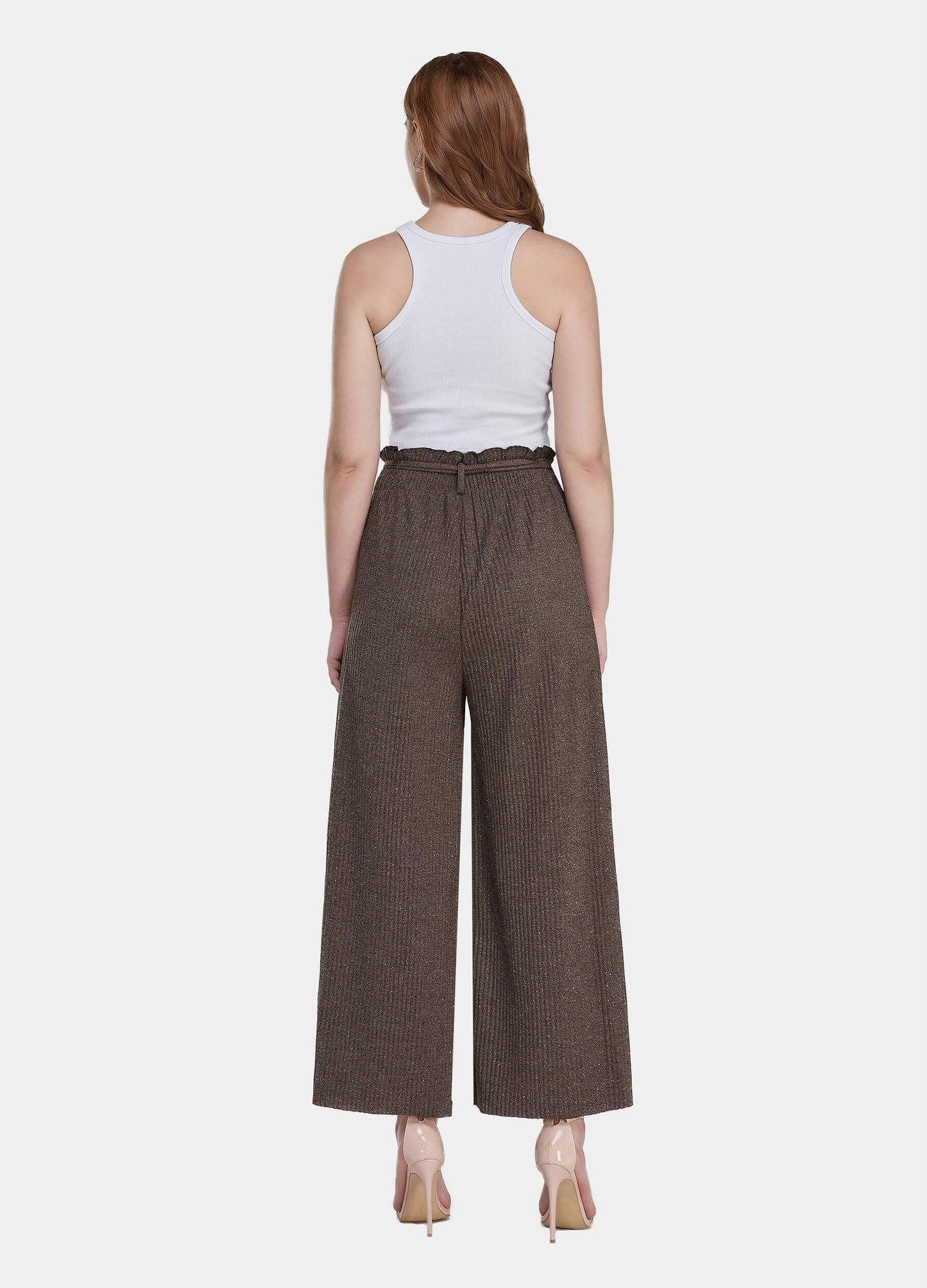 Women's Ruffle Trims Belted Comfort Wide Leg Trousers-Brown back view