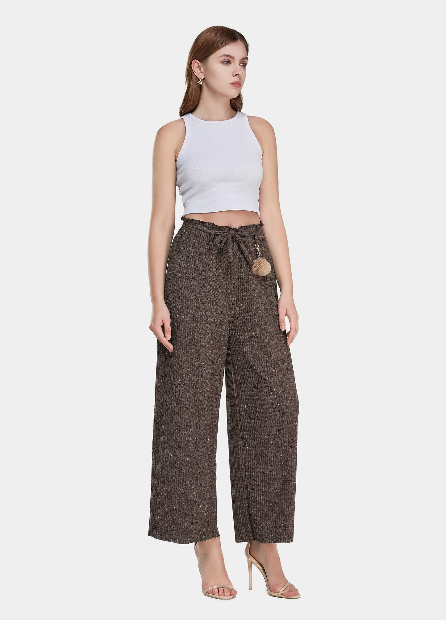 Women's Ruffle Trims Belted Comfort Wide Leg Trousers-Brown main view