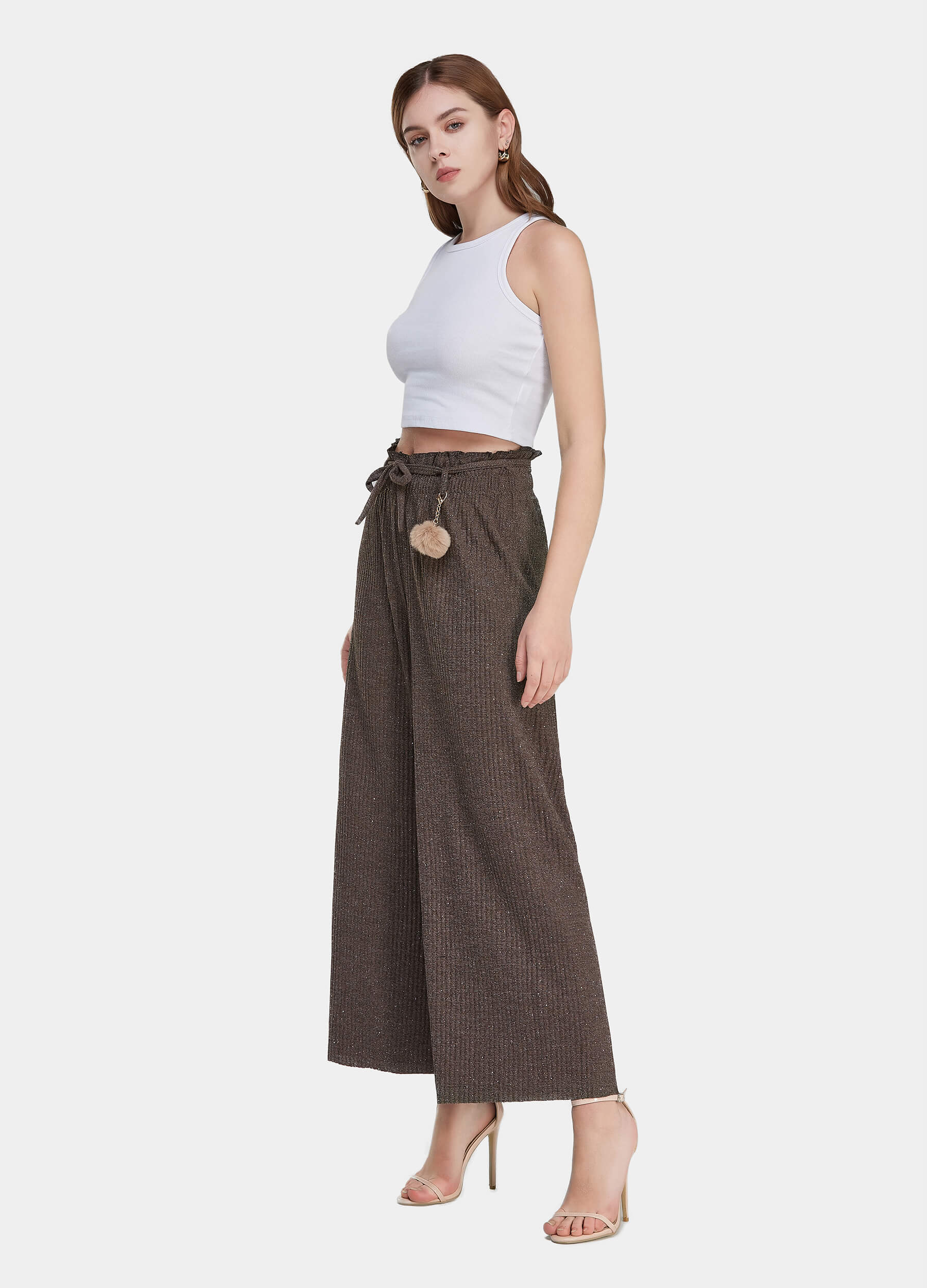 Women's Ruffle Trims Belted Comfort Wide Leg Trousers-Brown side view