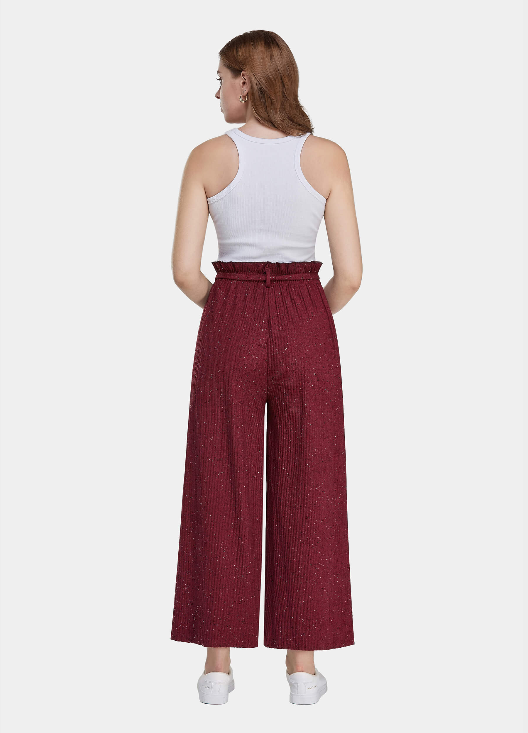 Women's Ruffle Trims Belted Comfort Wide Leg Trousers-Red back view