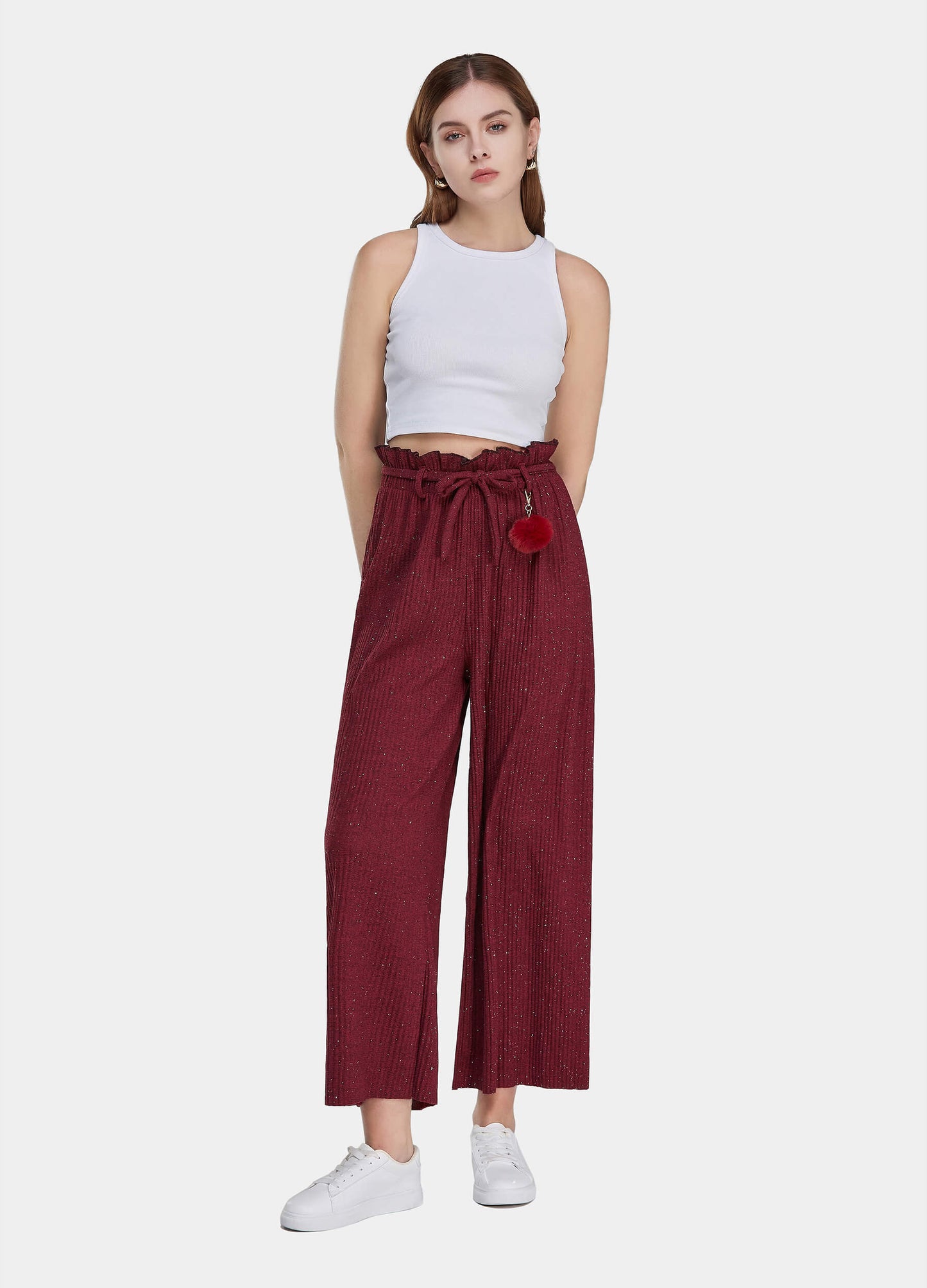 Women's Ruffle Trims Belted Comfort Wide Leg Trousers-Red main view