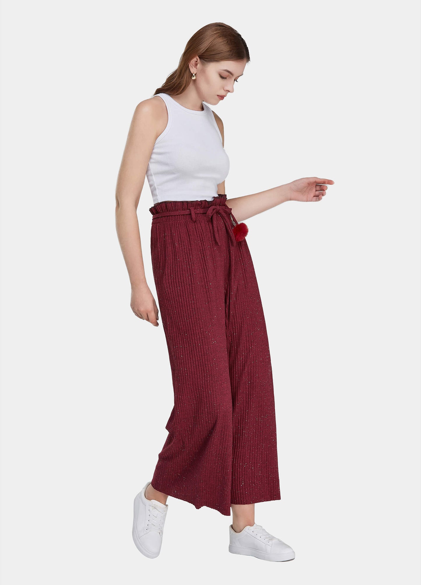 Women's Ruffle Trims Belted Comfort Wide Leg Trousers-Red side view