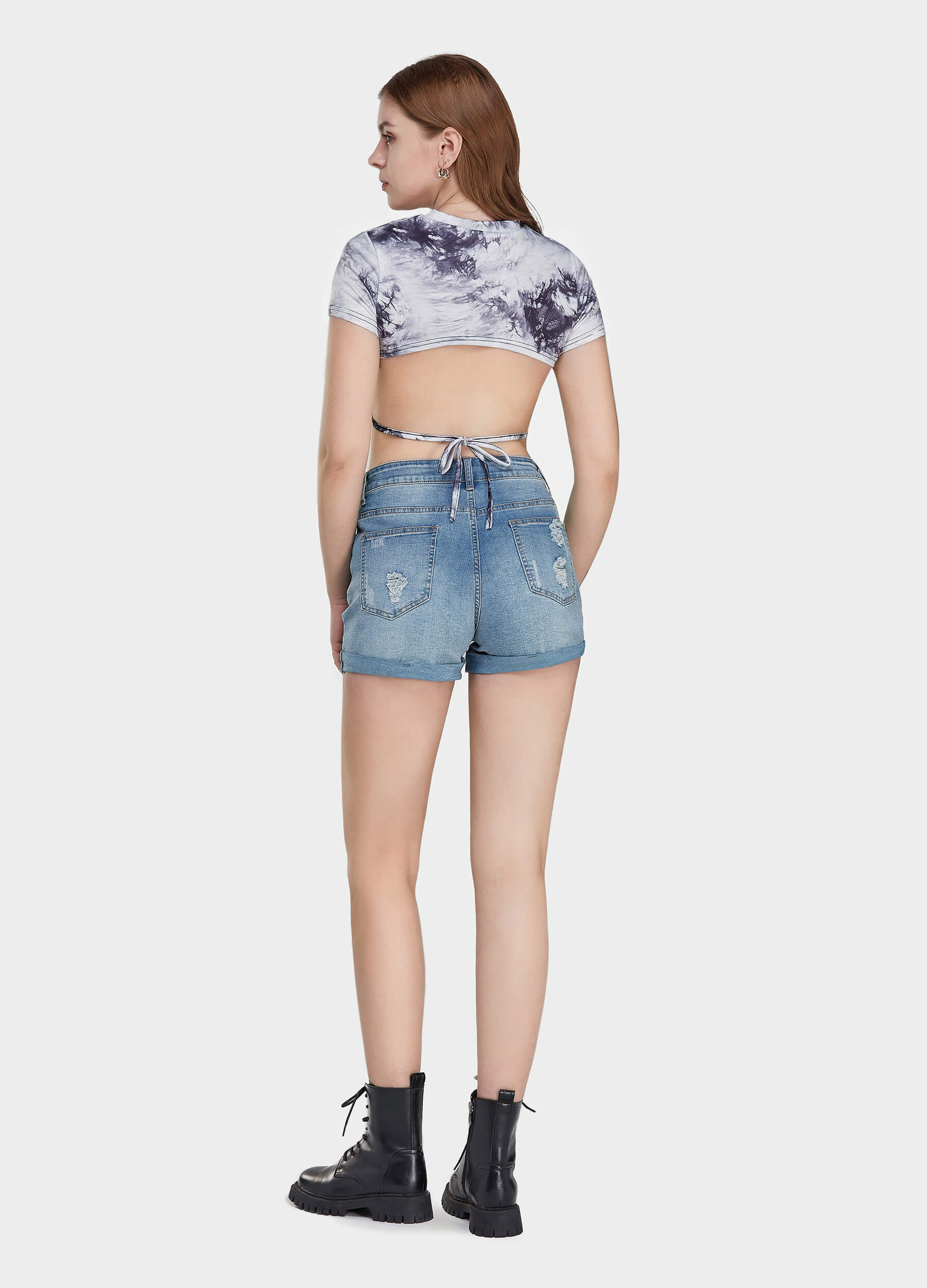 Women's Short Sleeve High Low Hem Crop Tee-Black & White back view