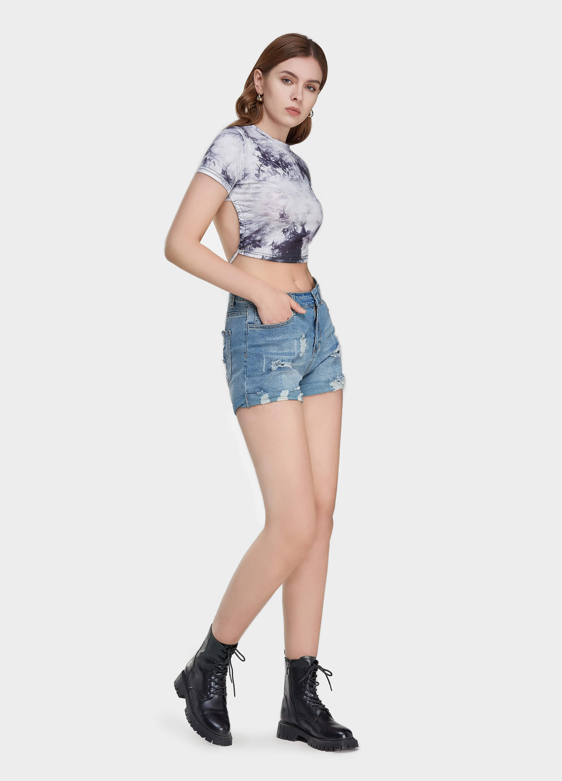 Women's Short Sleeve High Low Hem Crop Tee-Black & White side view