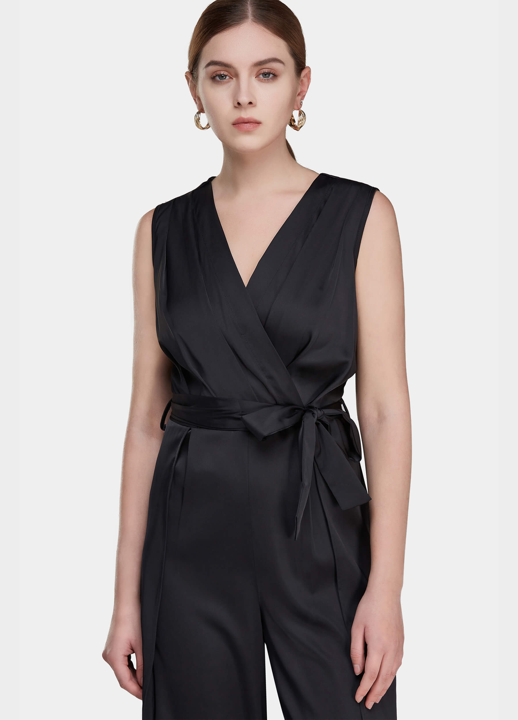 Women's Solid Belted Wide Leg V-Neck Jumpsuit-Black