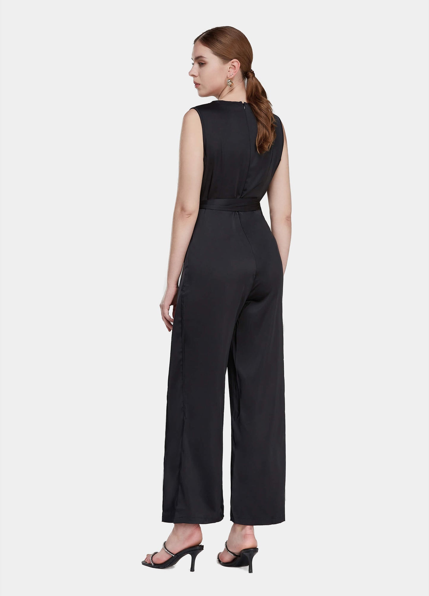 Women's Solid Belted Wide Leg V-Neck Jumpsuit-Black back view