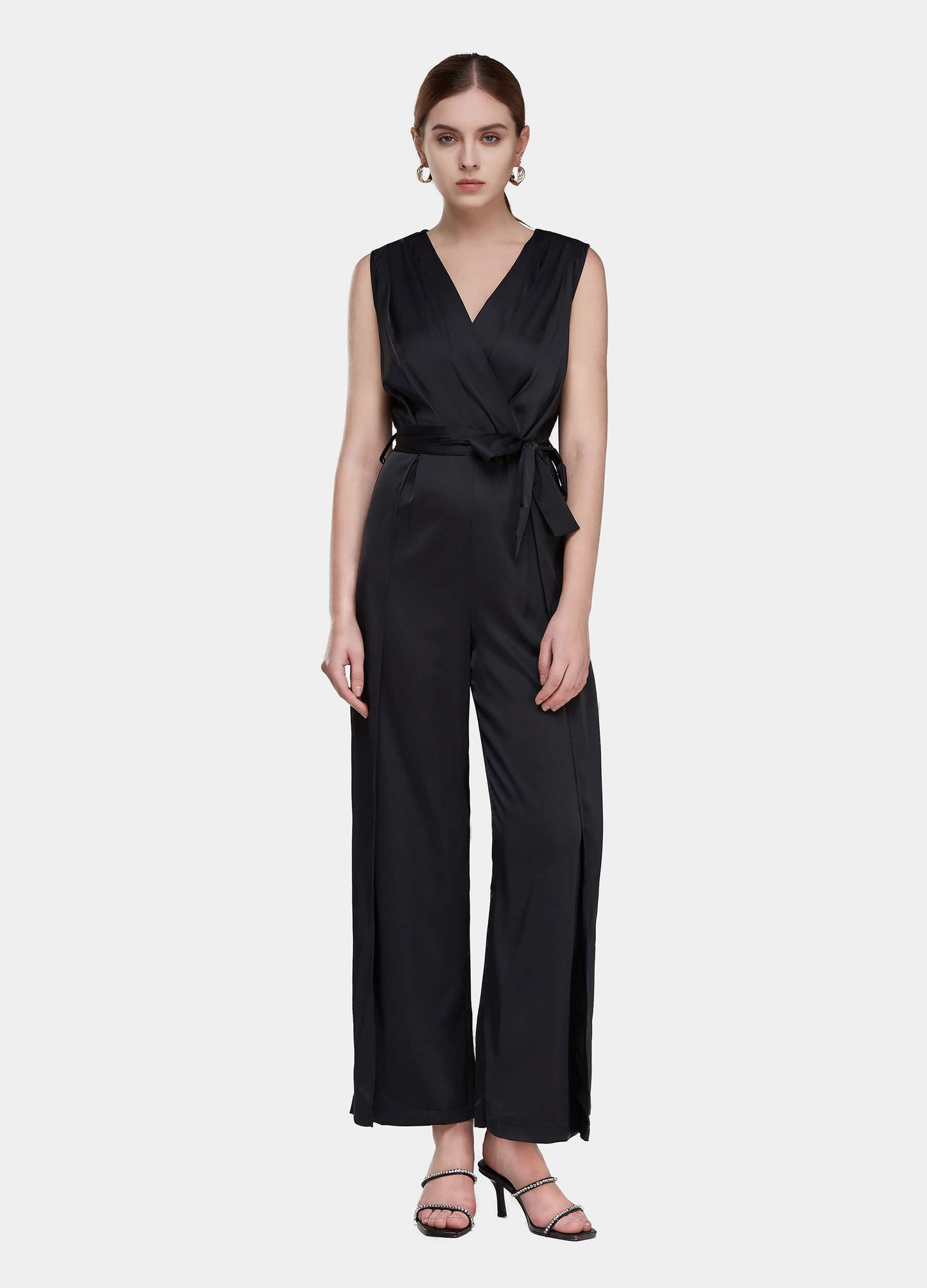 Women's Solid Belted Wide Leg V-Neck Jumpsuit-Black main view