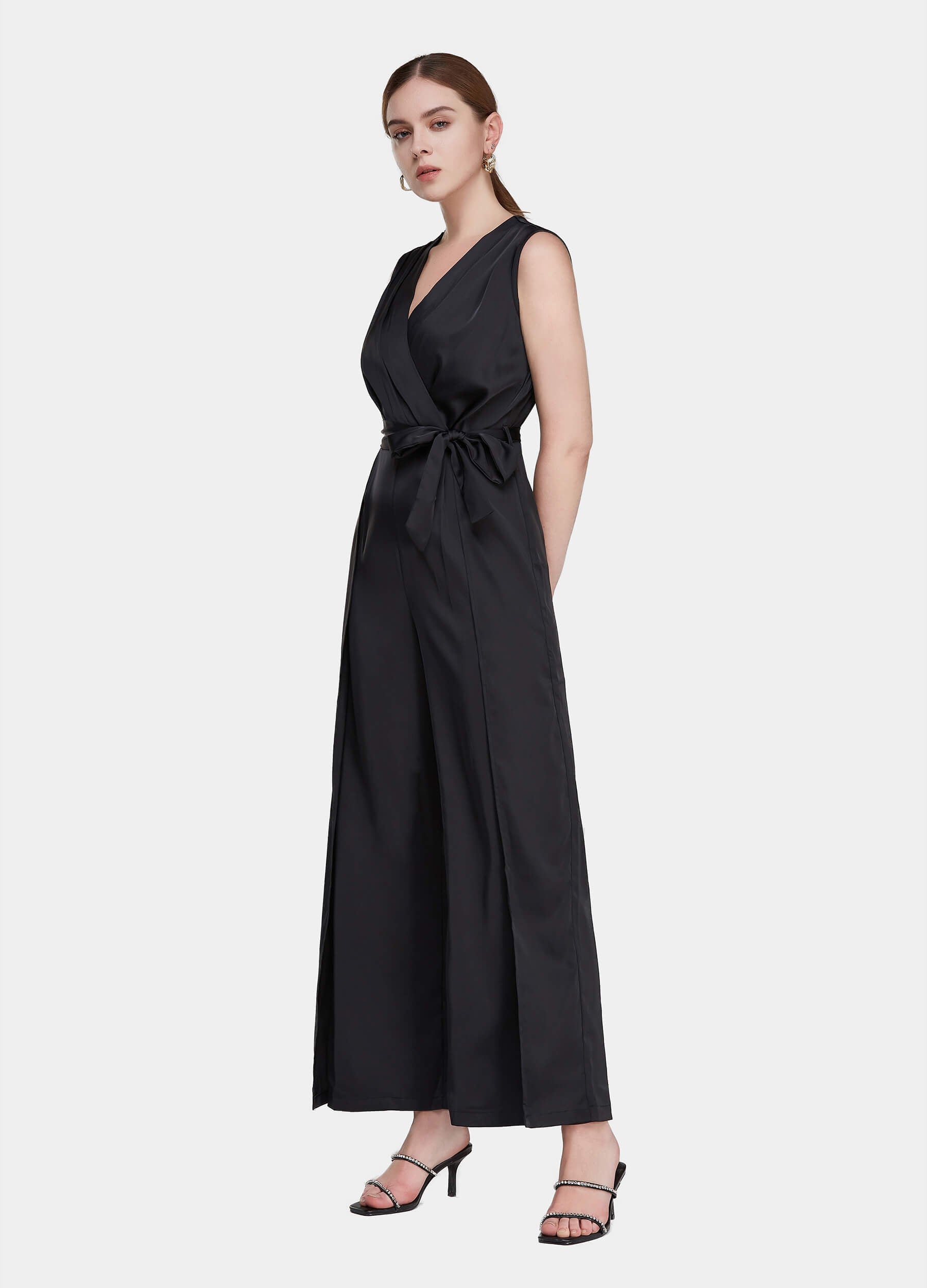 Women's Solid Belted Wide Leg V-Neck Jumpsuit-Black side view