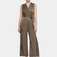 Women's Solid Belted Wide Leg V-Neck Jumpsuit-Brown main view