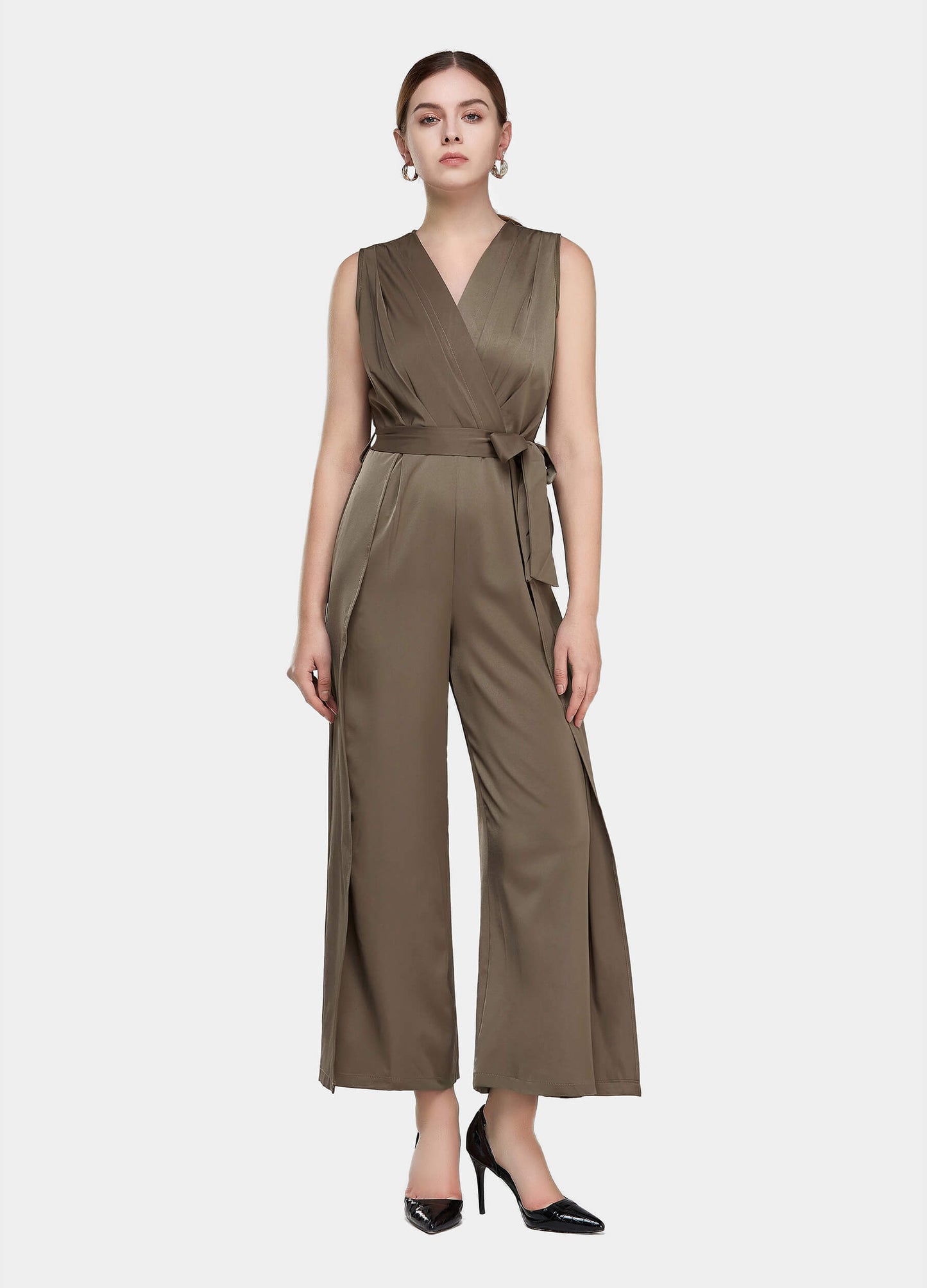 Women's Solid Belted Wide Leg V-Neck Jumpsuit-Brown main view