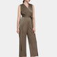Women's Solid Belted Wide Leg V-Neck Jumpsuit-Brown side view