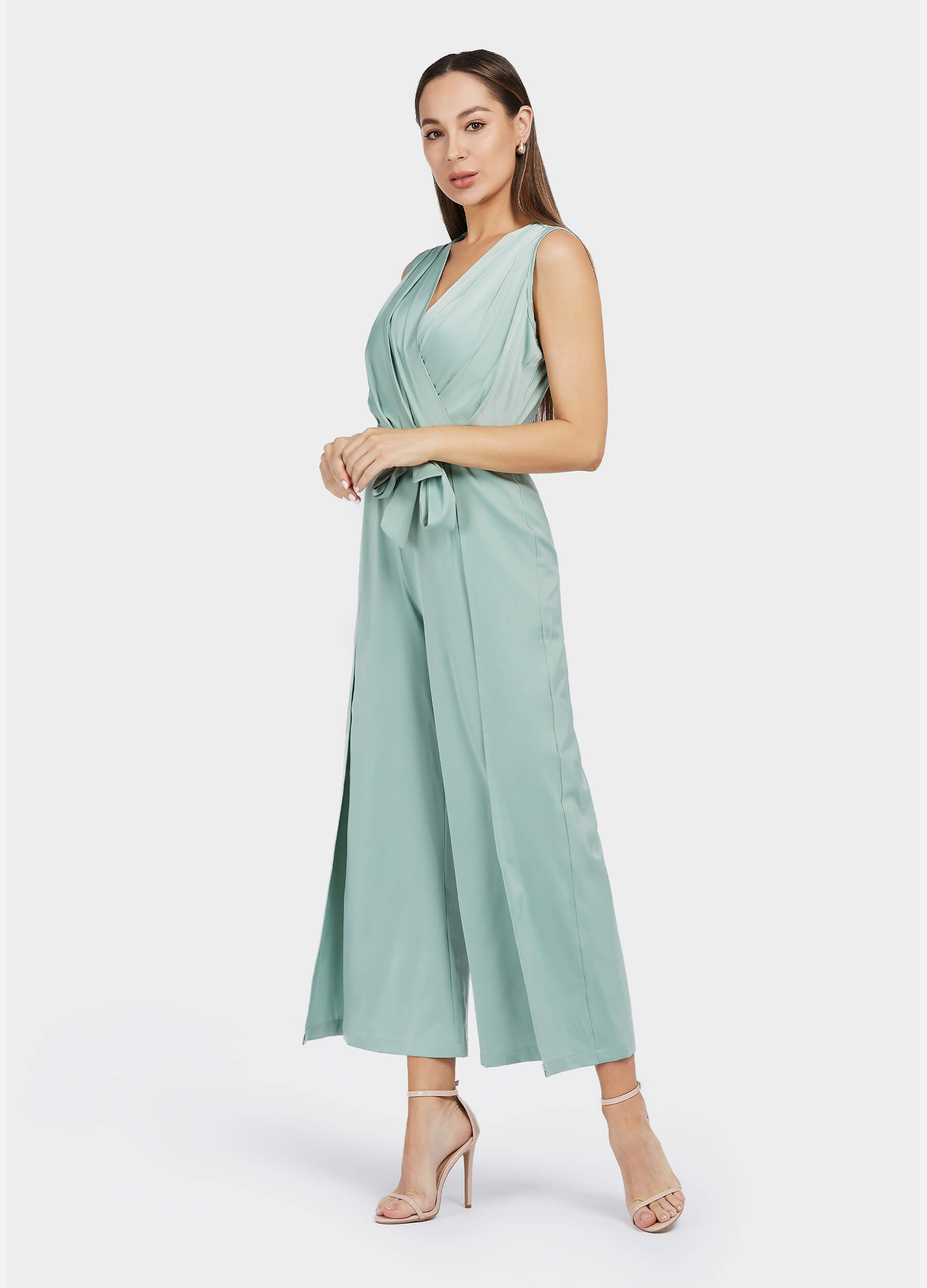 Women's Solid Belted Wide Leg V Neck Jumpsuit-Green main view