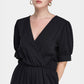 Women's Solid Shirred Waist Wide Leg Deep V-Neck Jumpsuit-Black