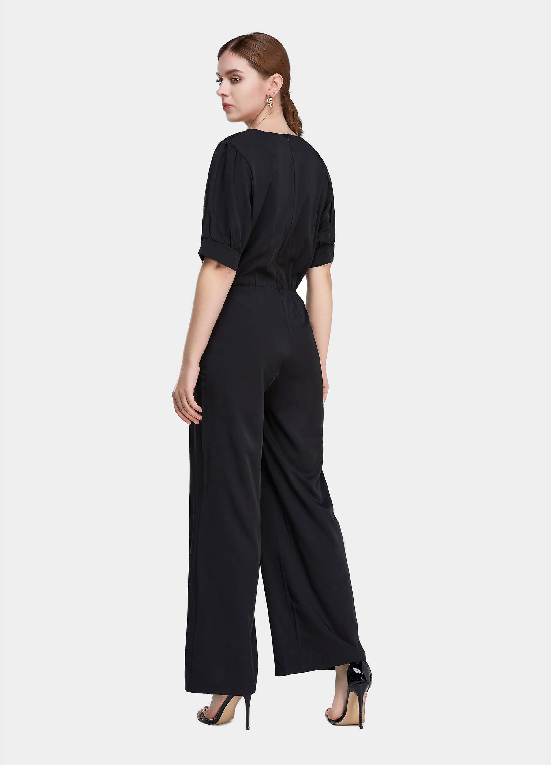 Women's Solid Shirred Waist Wide Leg Deep V-Neck Jumpsuit-Black back view