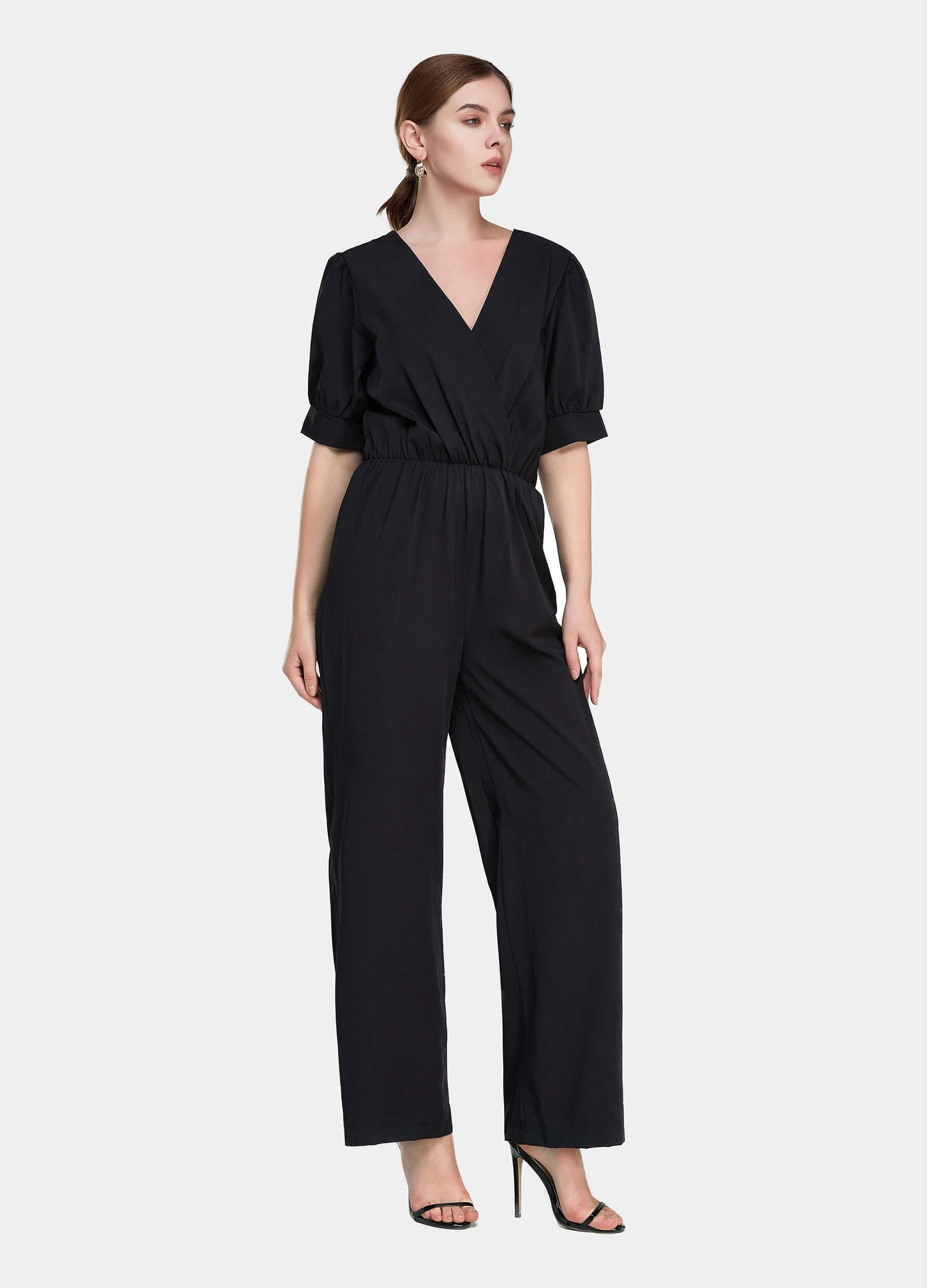 Women's Solid Shirred Waist Wide Leg Deep V-Neck Jumpsuit-Black side view