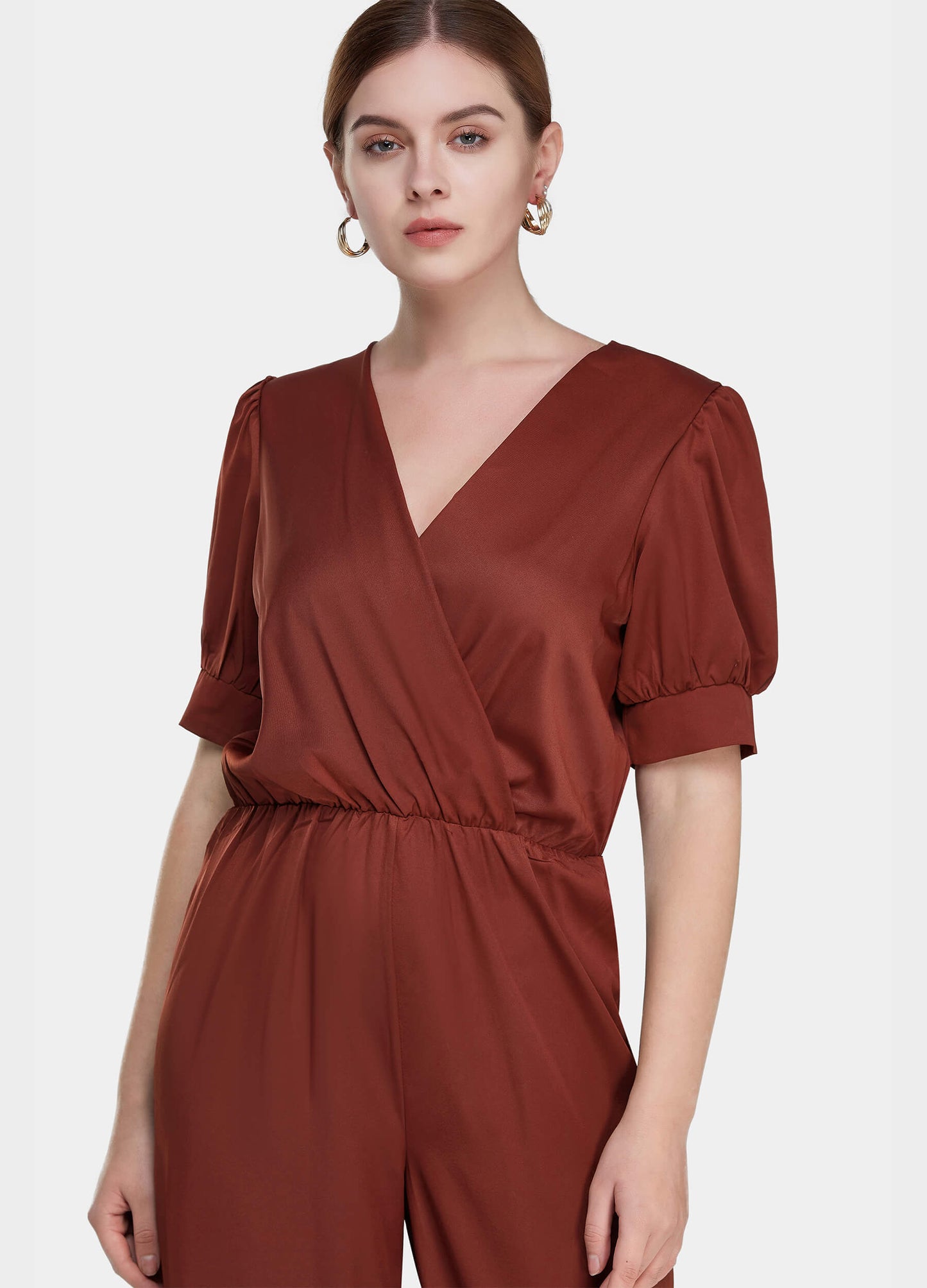 Women's Solid Shirred Waist Wide Leg Deep V-Neck Jumpsuit-Wine Red