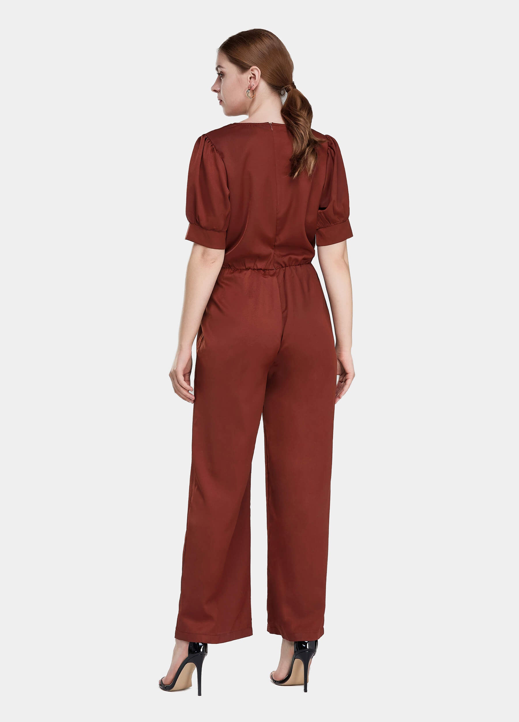 Women's Solid Shirred Waist Wide Leg Deep V-Neck Jumpsuit-Wine Red back view