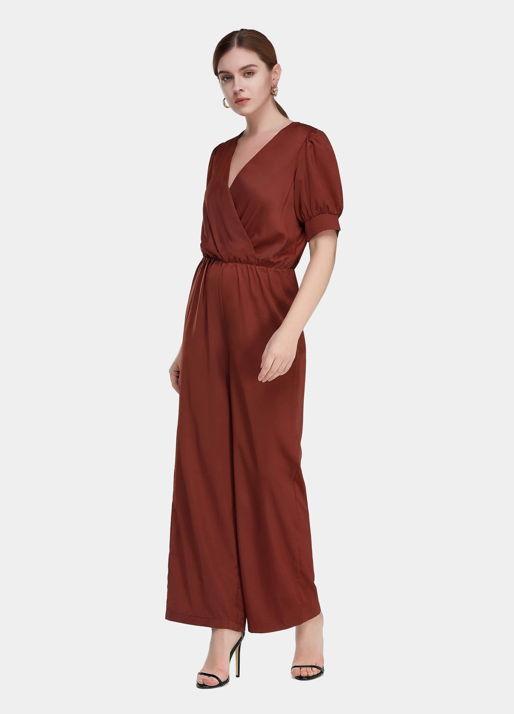 Women's Solid Shirred Waist Wide Leg Deep V-Neck Jumpsuit-Wine Red side view