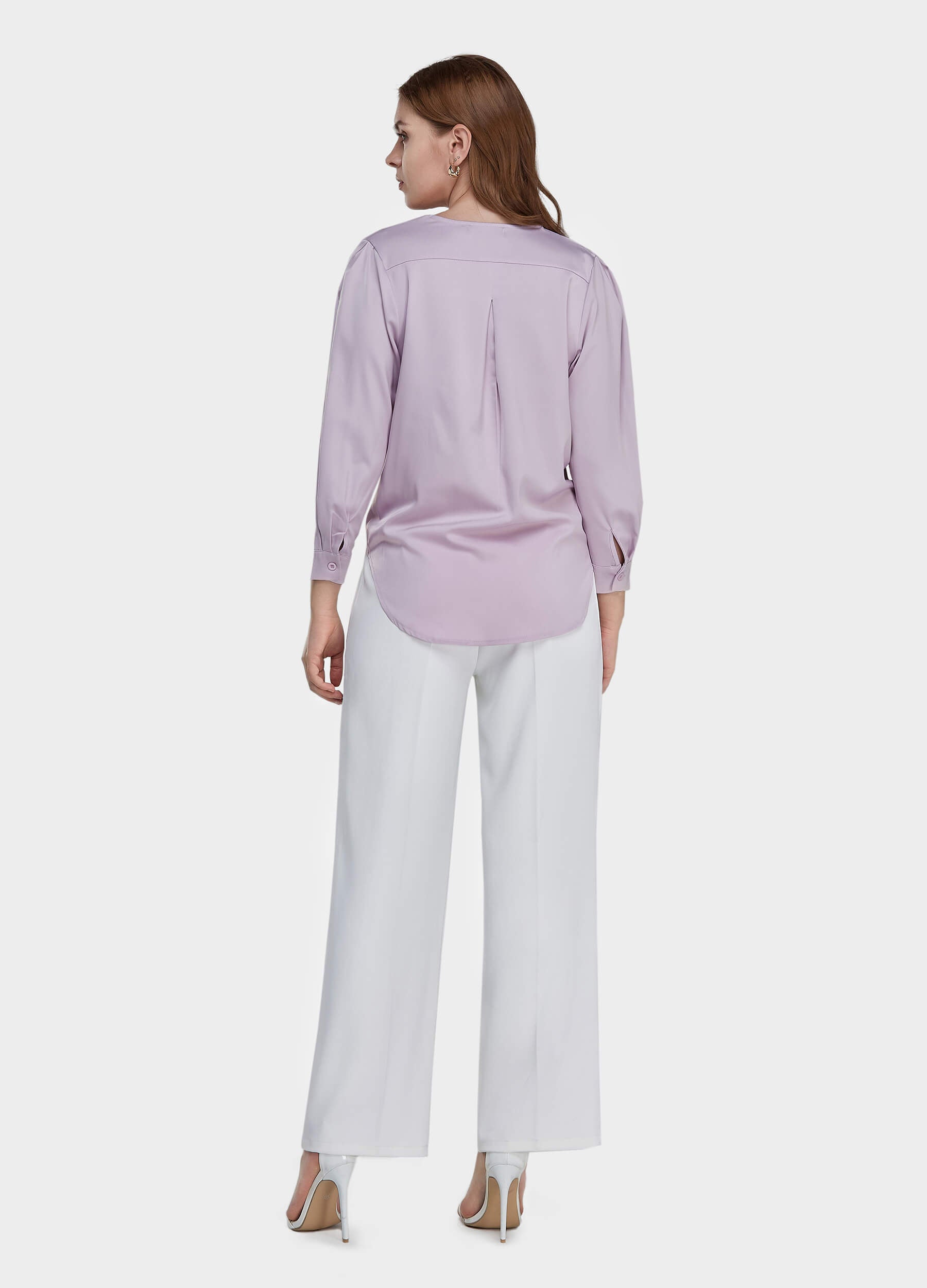 Women's Solid Surplice Neck Satin Top-Purple back view
