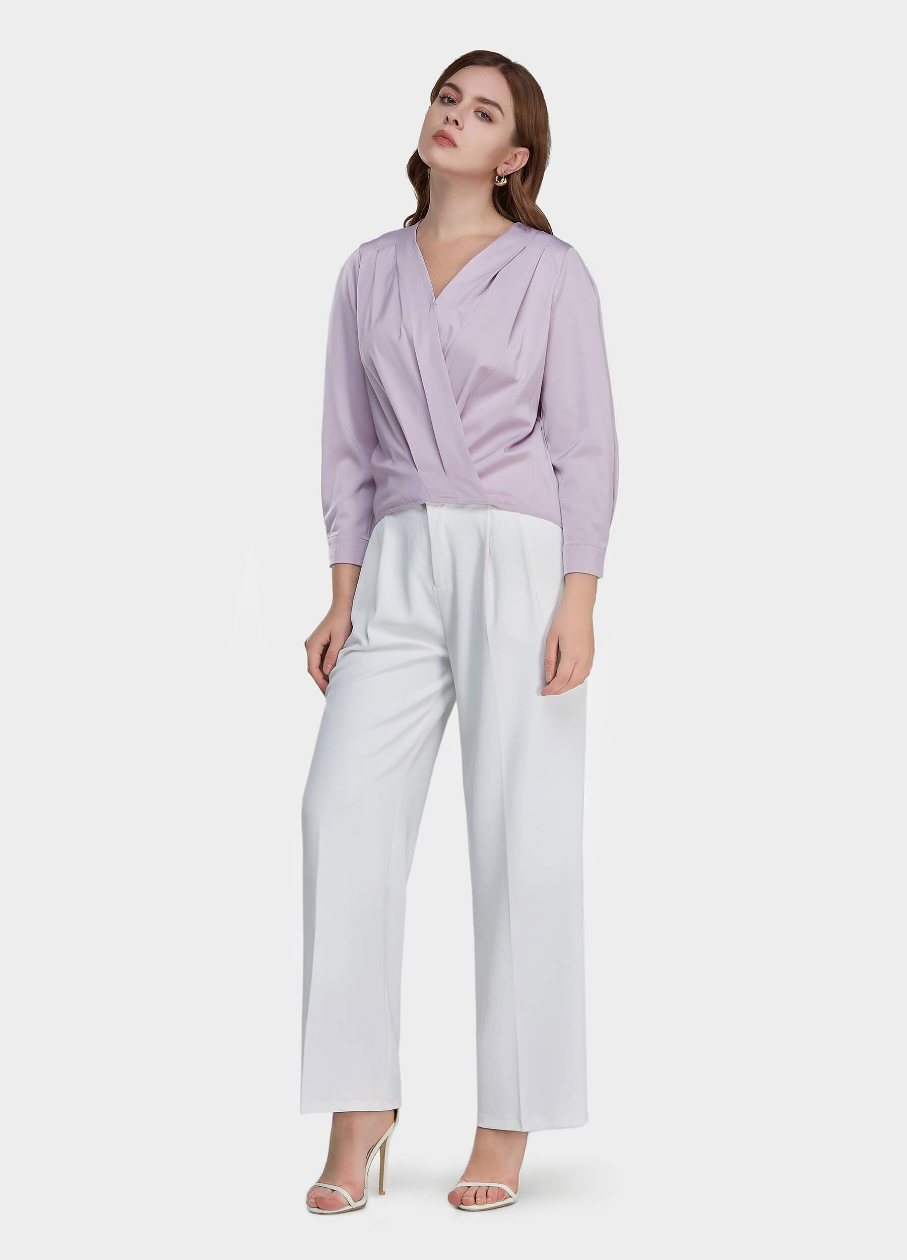 Women's Solid Surplice Neck Satin Top-Purple main view