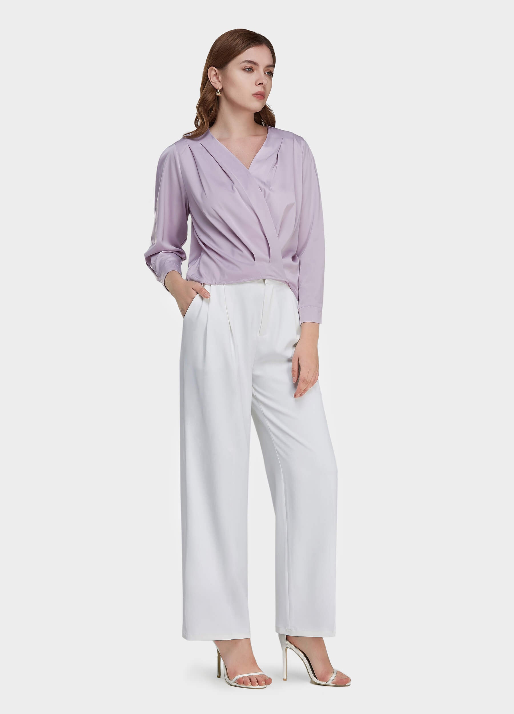 Women's Solid Surplice Neck Satin Top-Purple side view