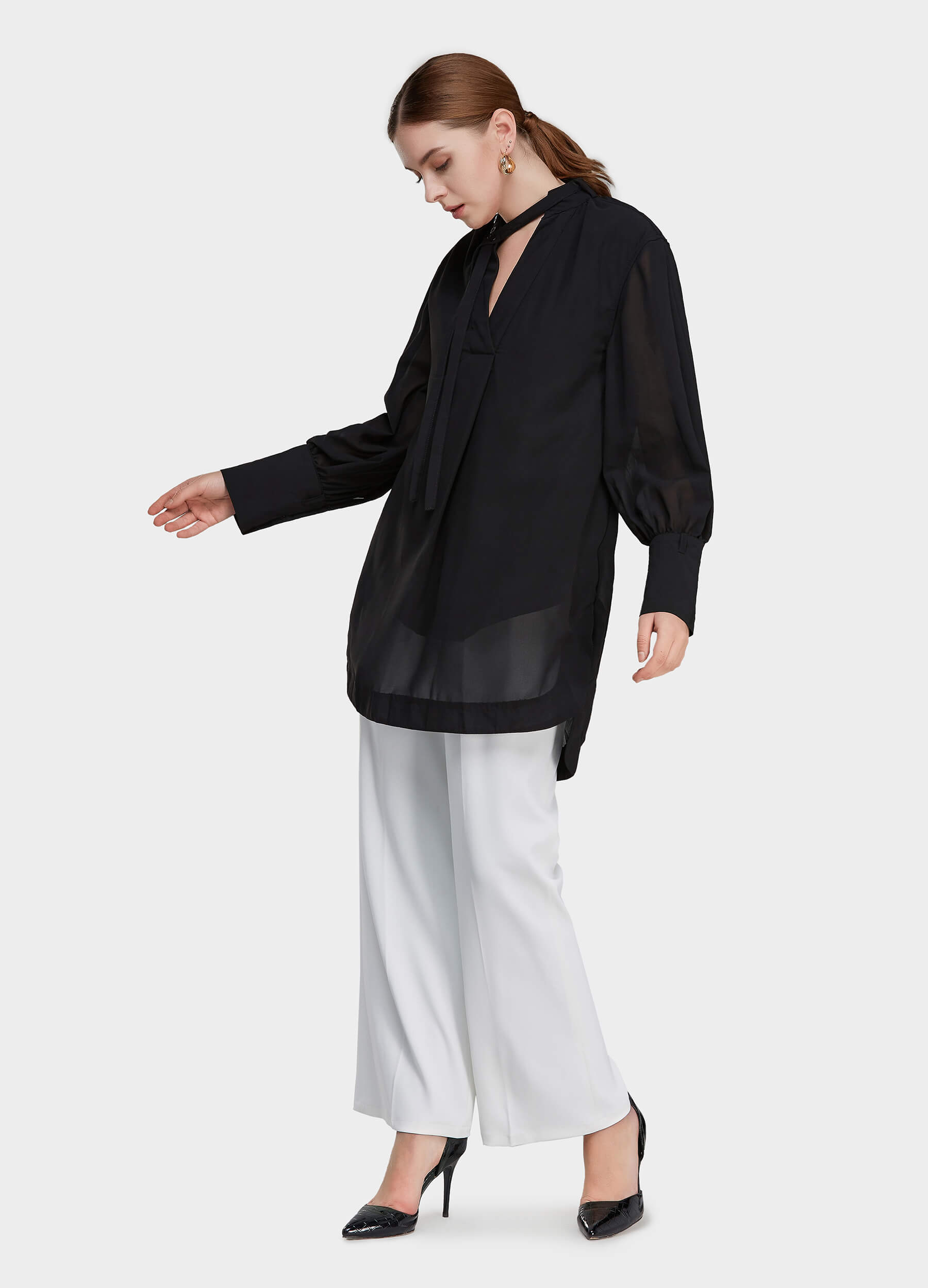 Women's Solid Tie-Neck High Low Hem Tunic-Black