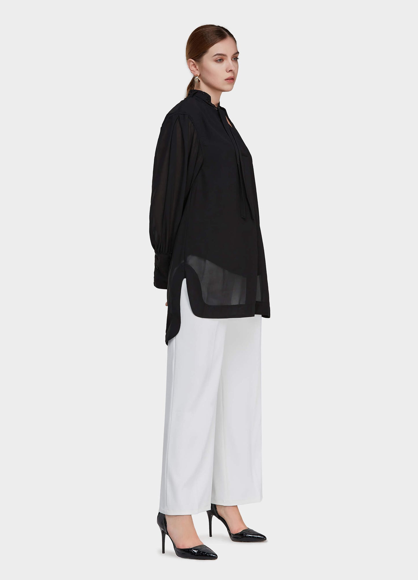 Women's Solid Tie-Neck High Low Hem Tunic-Black side view