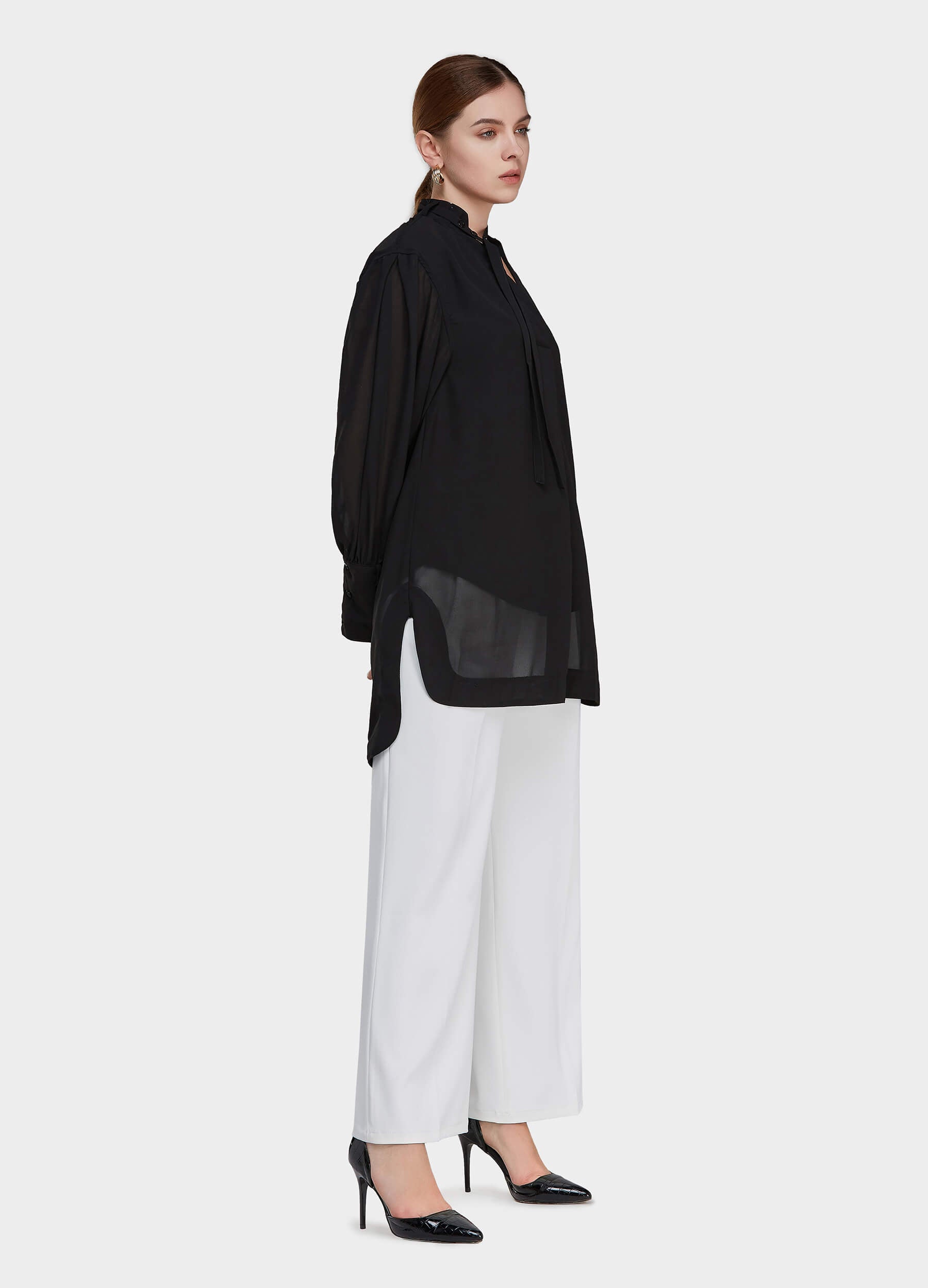 Women's Solid Tie-Neck High Low Hem Tunic-Black side view