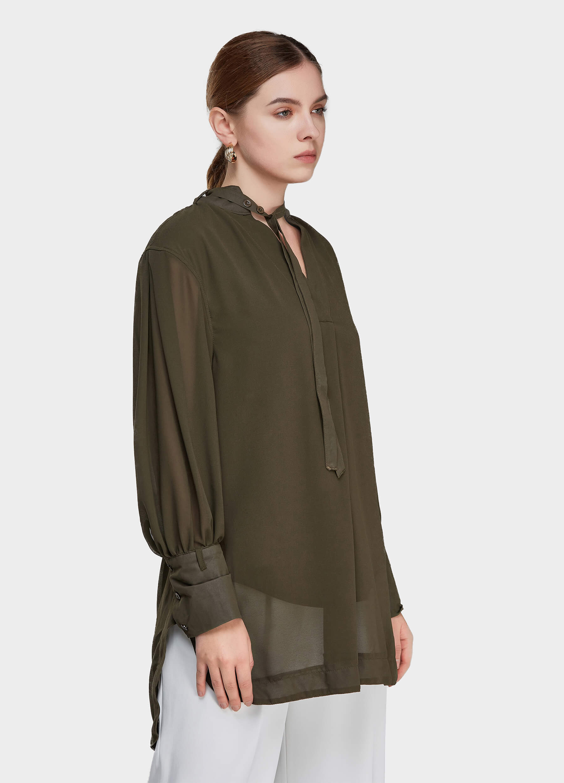 Women's Solid Tie-Neck High Low Hem Tunic-Olive