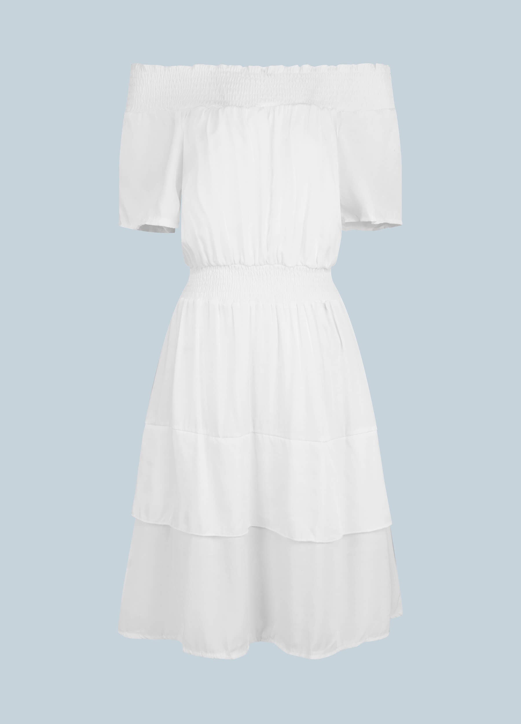 Women's Summer Off Shoulder Ruffle Trims Layered Hem Solid Dress-White main view