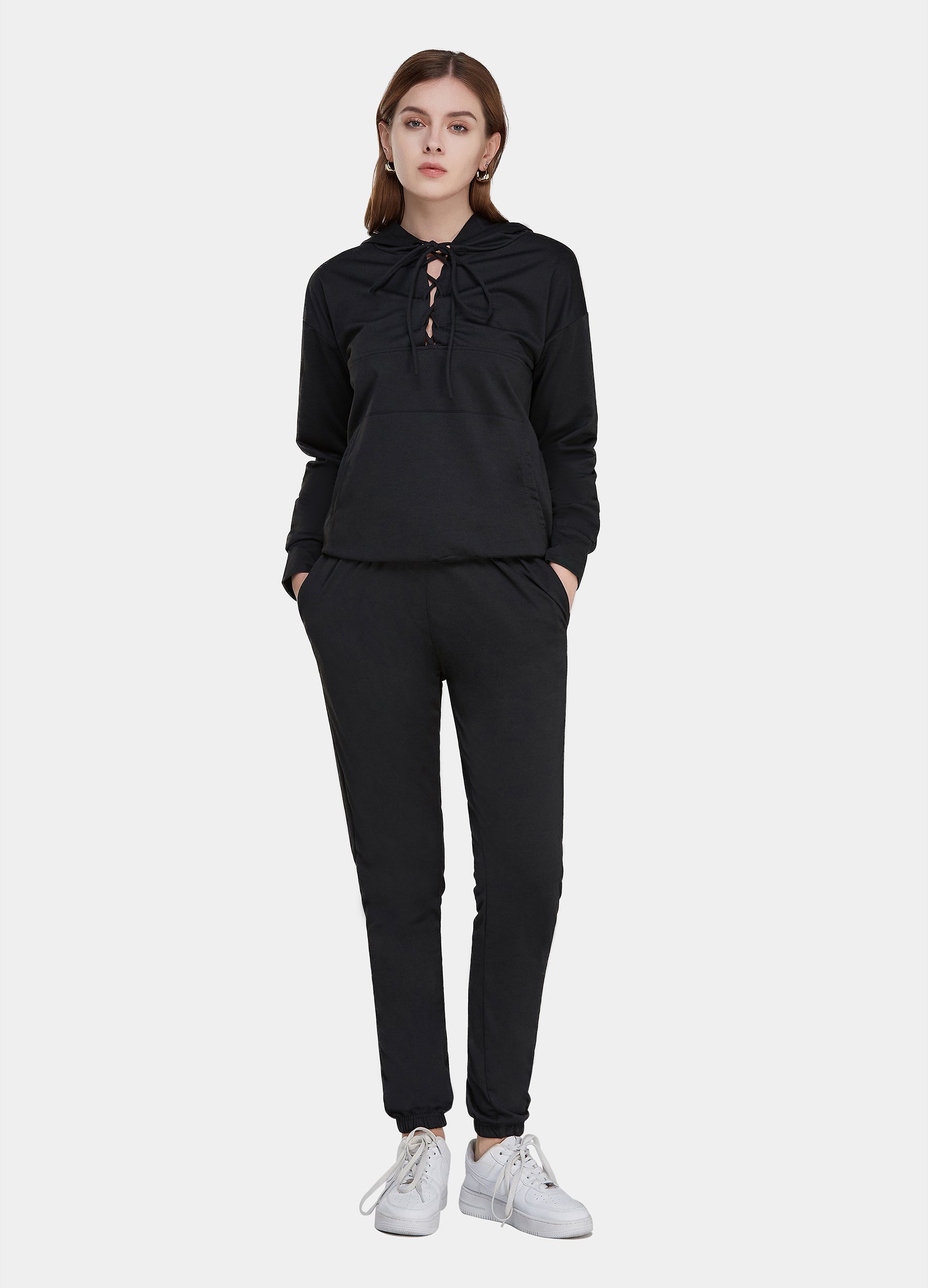Women's Tie Front V Neck Long Sleeve Hoodie Dual Pockets Long Pants Casual Tie Dye Set-Black main view