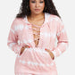 Women's Tie Front V Neck Long Sleeve Hoodie Dual Pockets Long Pants Casual Tie Dye Set-Pink and White