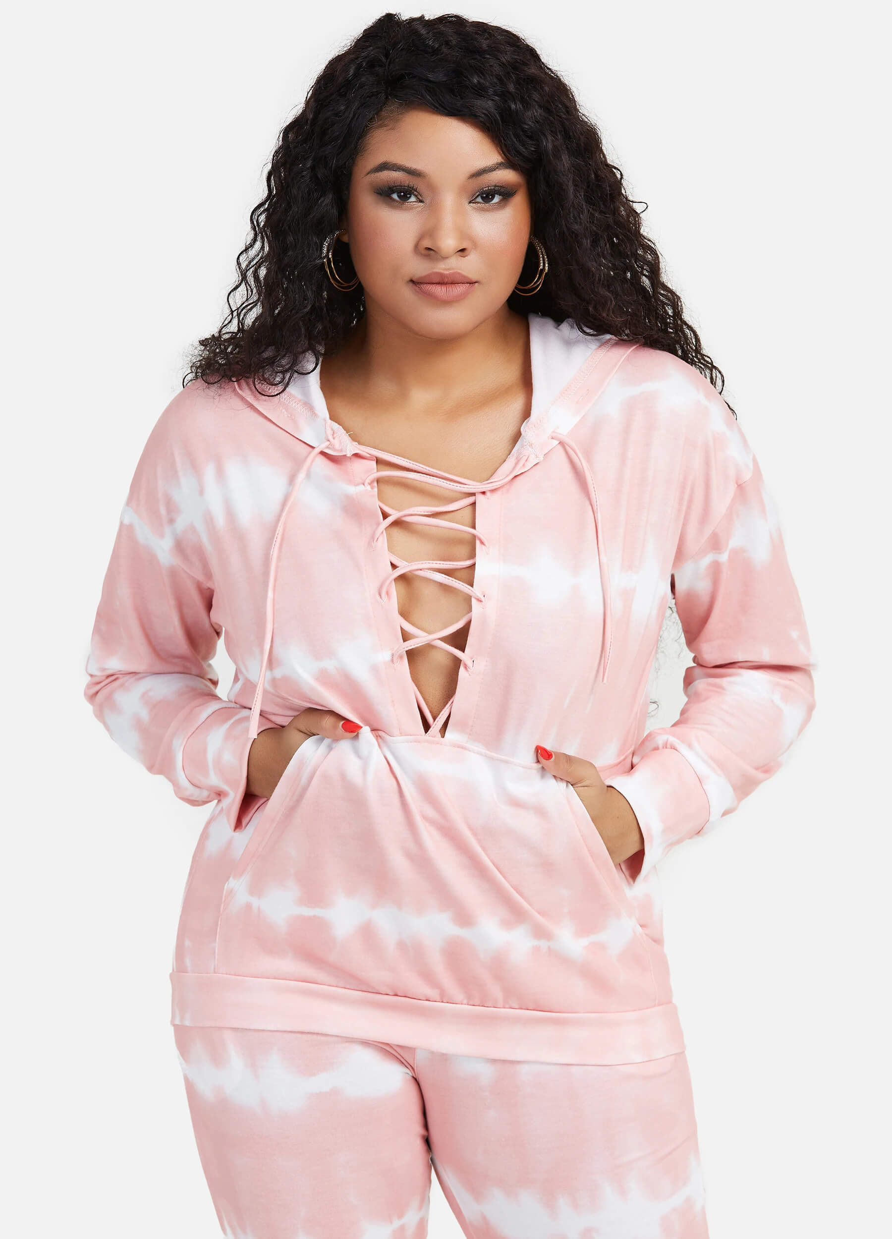 Women's Tie Front V Neck Long Sleeve Hoodie Dual Pockets Long Pants Casual Tie Dye Set-Pink and White
