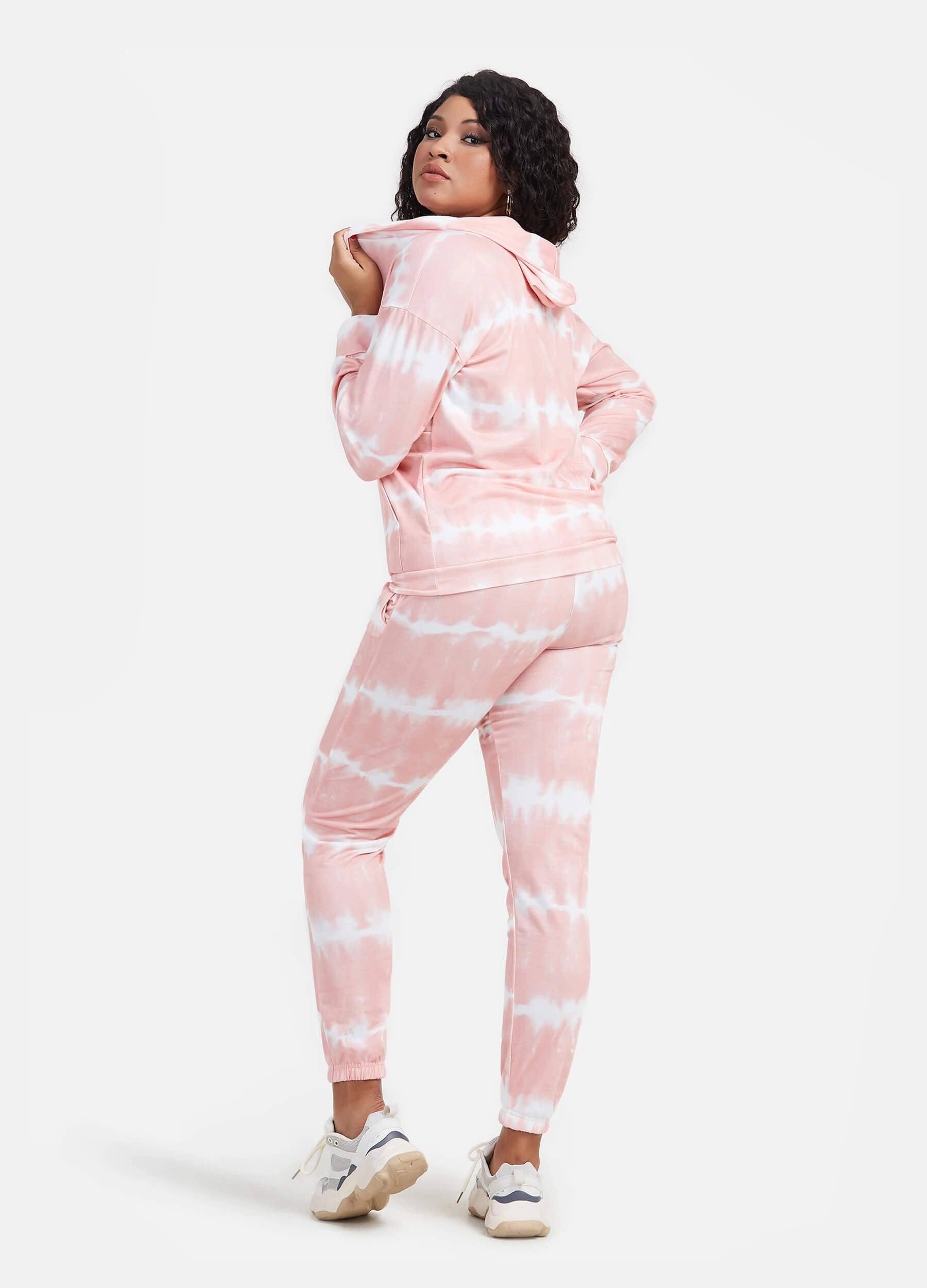 Women's Tie Front V Neck Long Sleeve Hoodie Dual Pockets Long Pants Casual Tie Dye Set-Pink and White back view