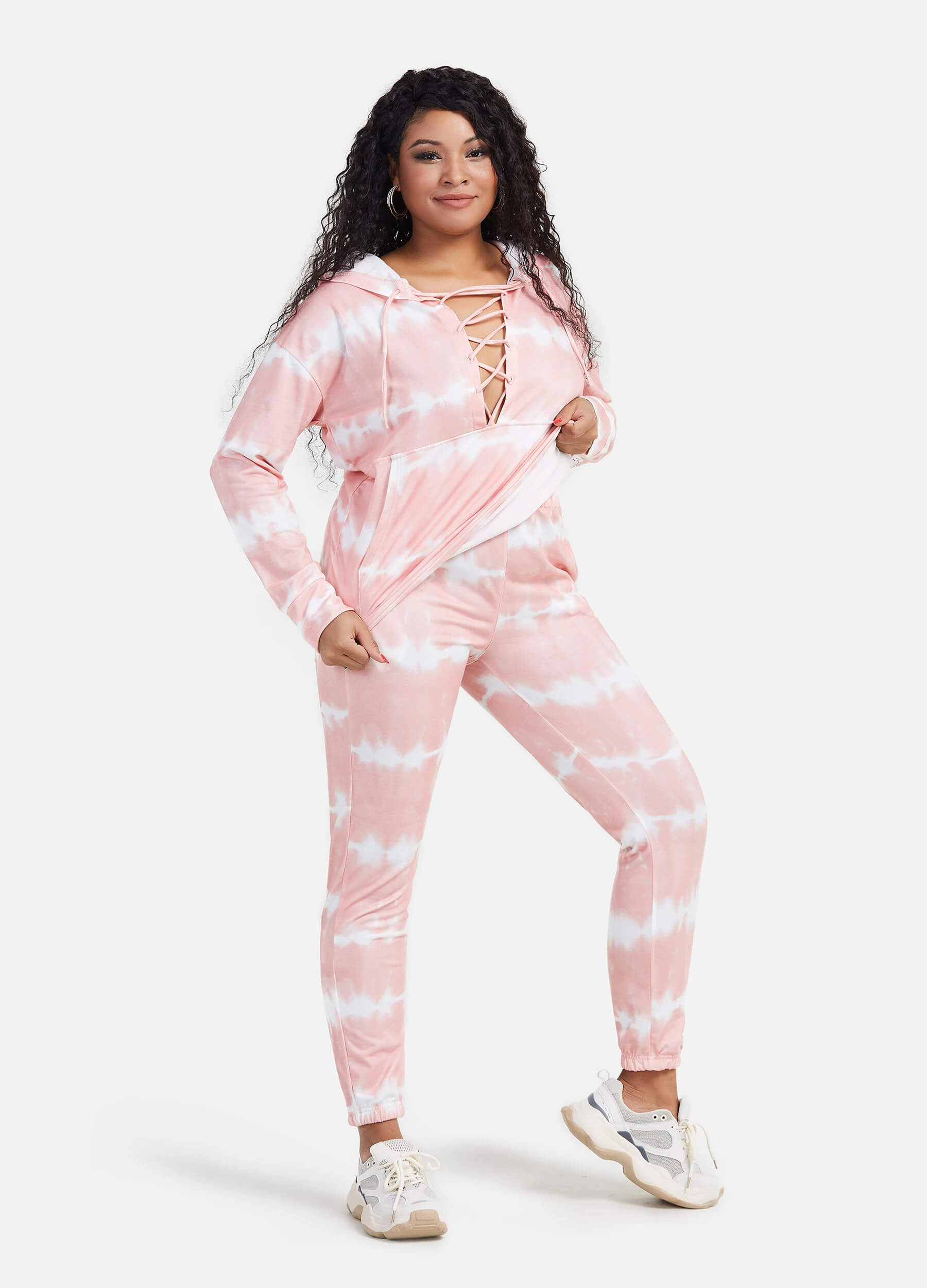 Women's Tie Front V Neck Long Sleeve Hoodie Dual Pockets Long Pants Casual Tie Dye Set-Pink and White detail
