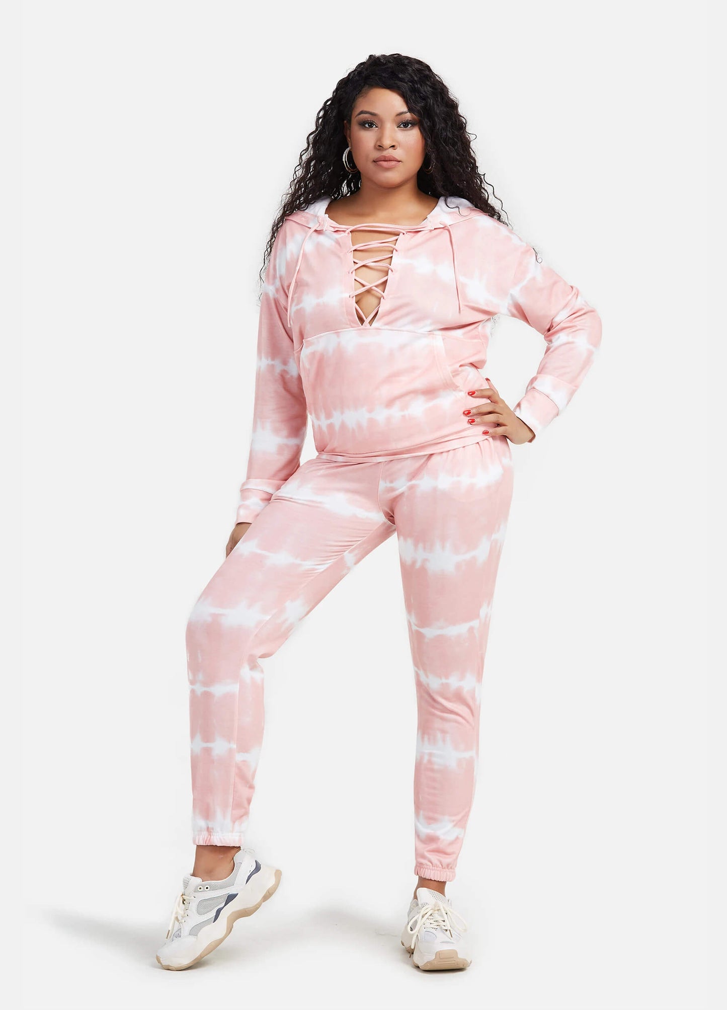 Women's Tie Front V Neck Long Sleeve Hoodie Dual Pockets Long Pants Casual Tie Dye Set-Pink and White main view