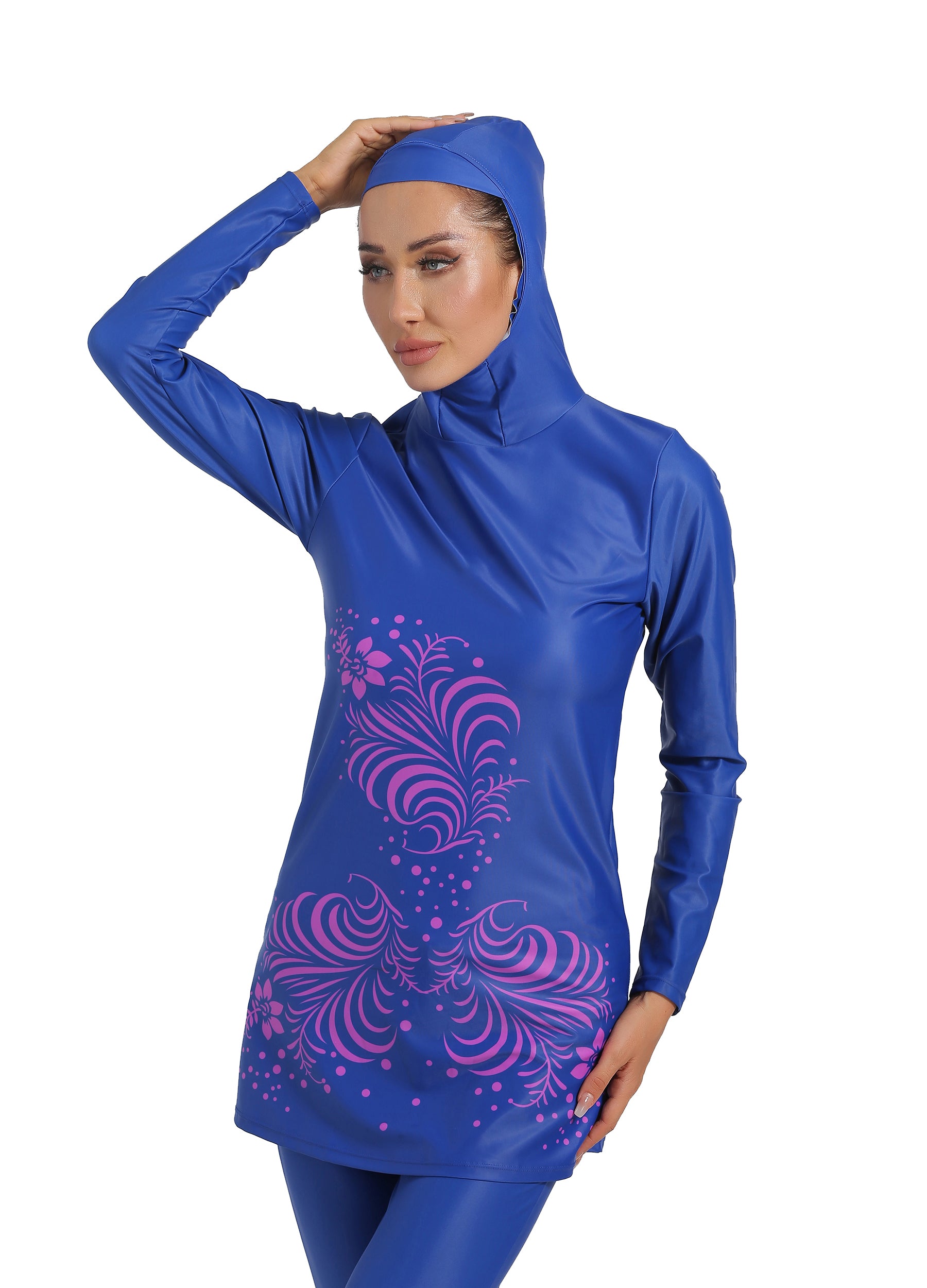 muslim swimming suits/islamic swimming suits/4POSE Women's Floral Print Modest Muslim Full Coverage Hijab Swimsuit-Blue
