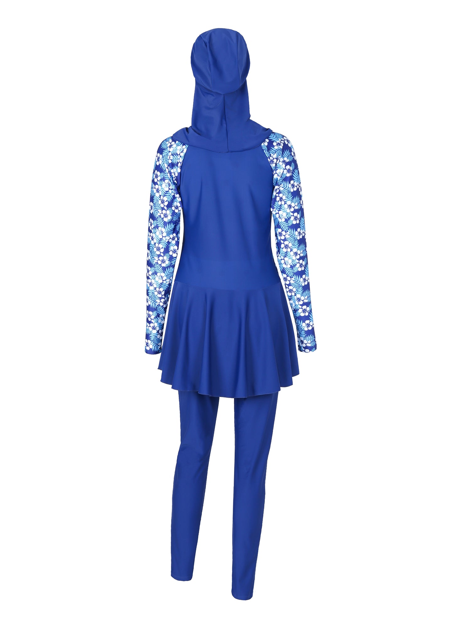 muslim swimming suits/islamic swimming suits/4POSE Women's Tropical Print Peplum Hem Full Coverage Swimsuit-Blue base match print pattern back view