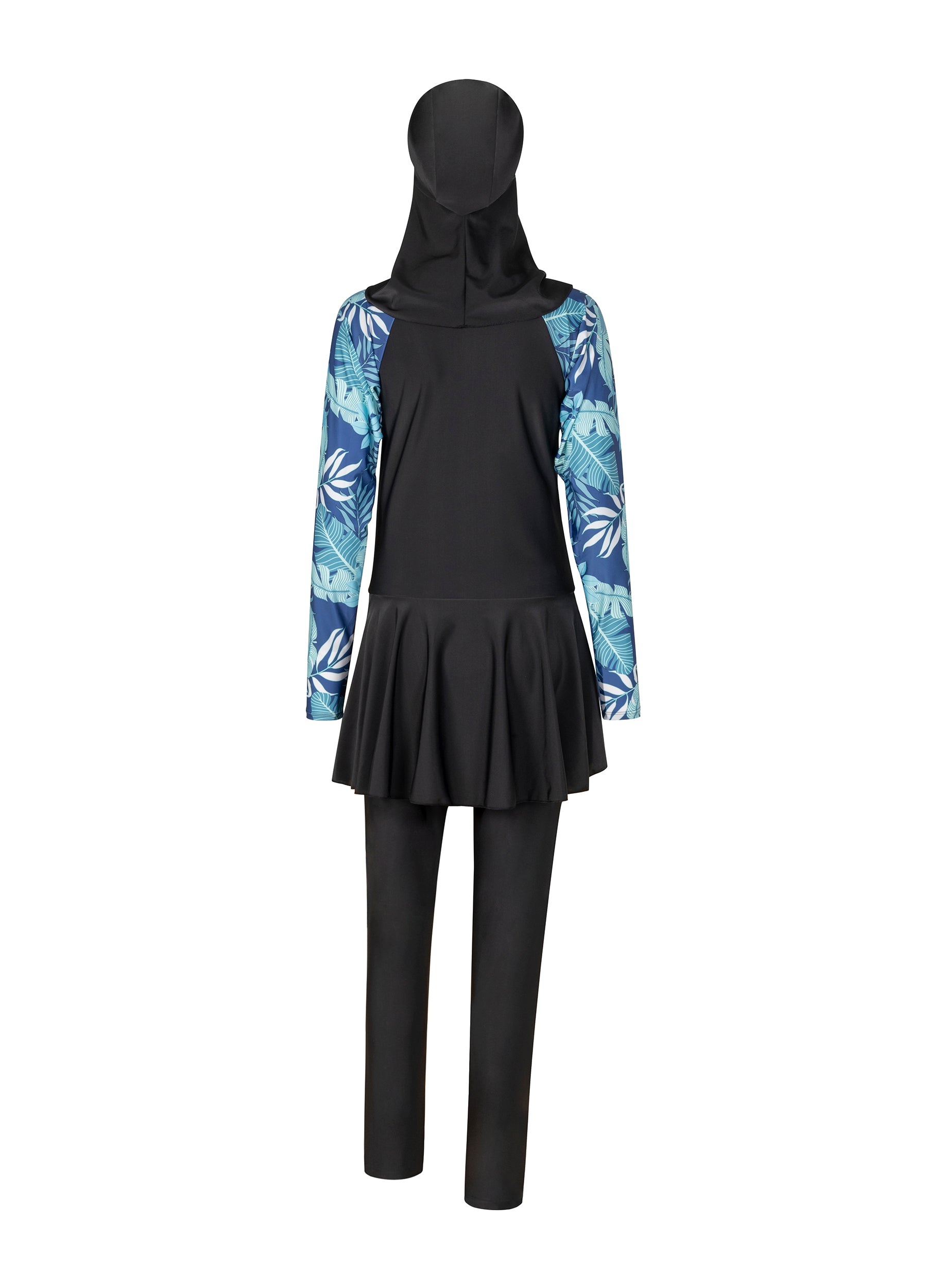 muslim swimming suits/islamic swimming suits/4POSE Women's Tropical Print Peplum Hem Full Coverage Swimsuit-Black base match print pattern back view