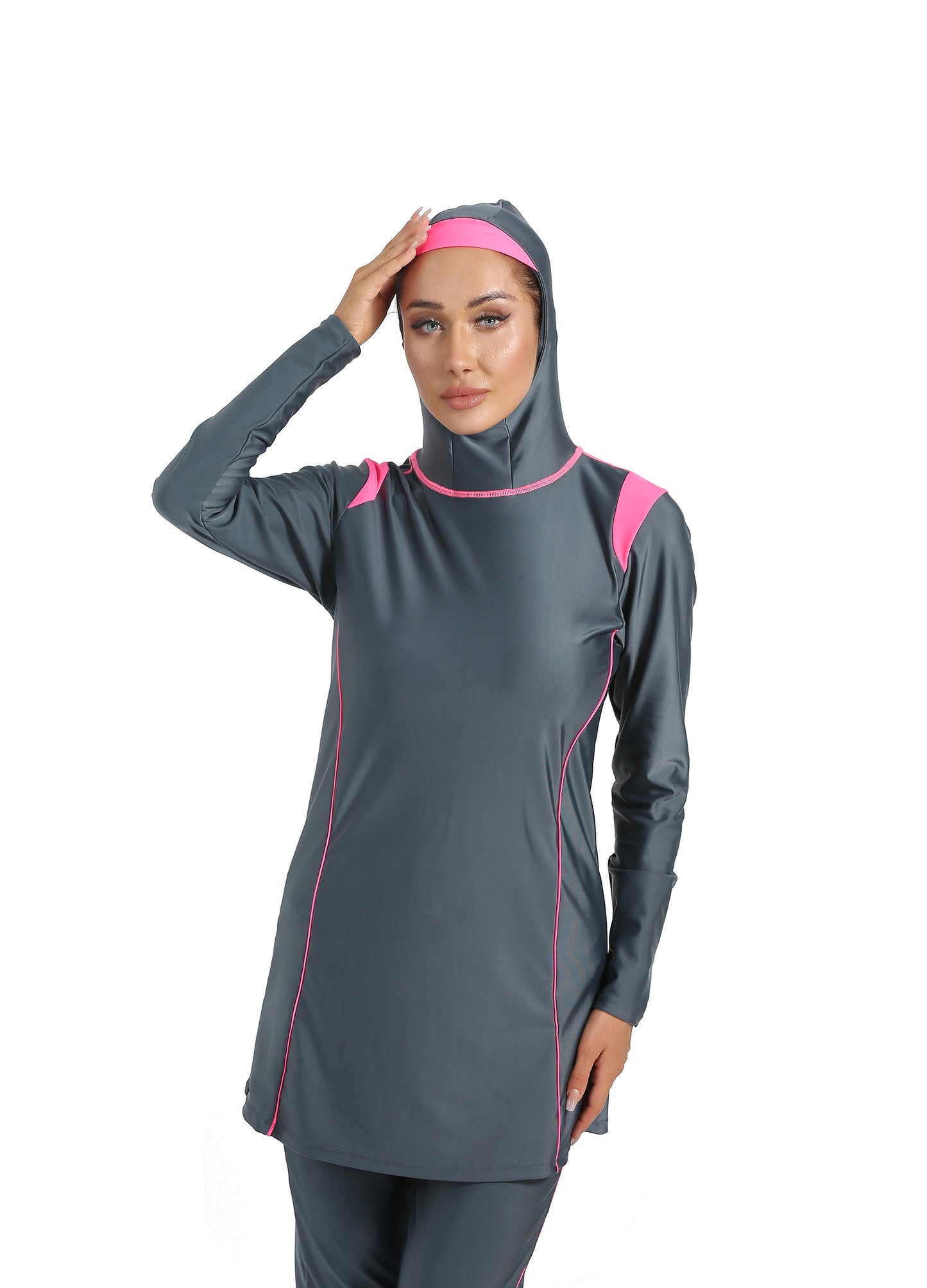 muslim swimming suits/islamic swimming suits/4POSE Women's Two Tone Modest Muslim Full Coverage Hijab Swimsuit-Grey