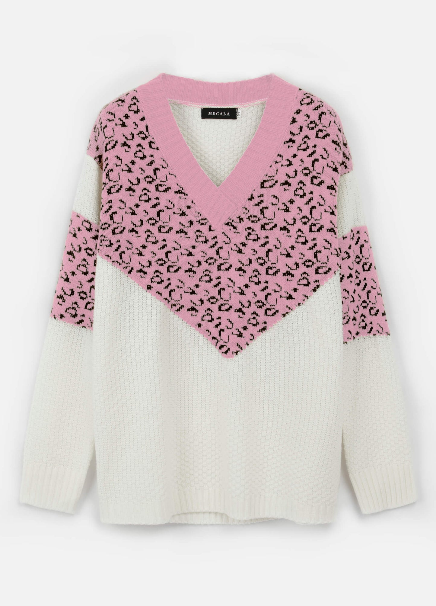 Women's V-Neck Leopard Print Long Sleeve Sweater-Pink main view