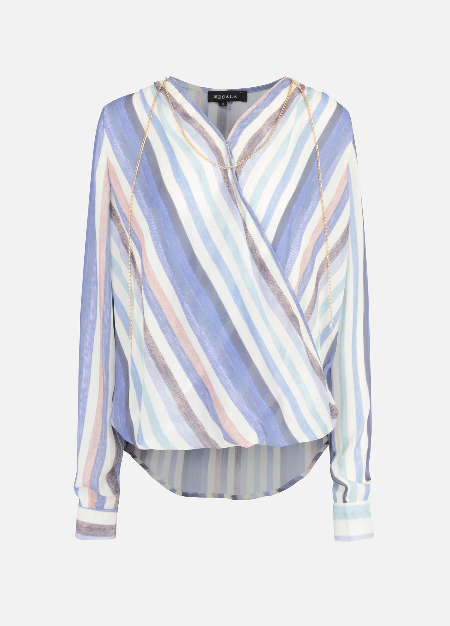 MECALA Women's Vertical Stripe Warp Long Sleeve Top With Necklace-Purple main view