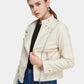 Women's Zip Up Flap Pocket PU Leather Moto Jacket-Beige