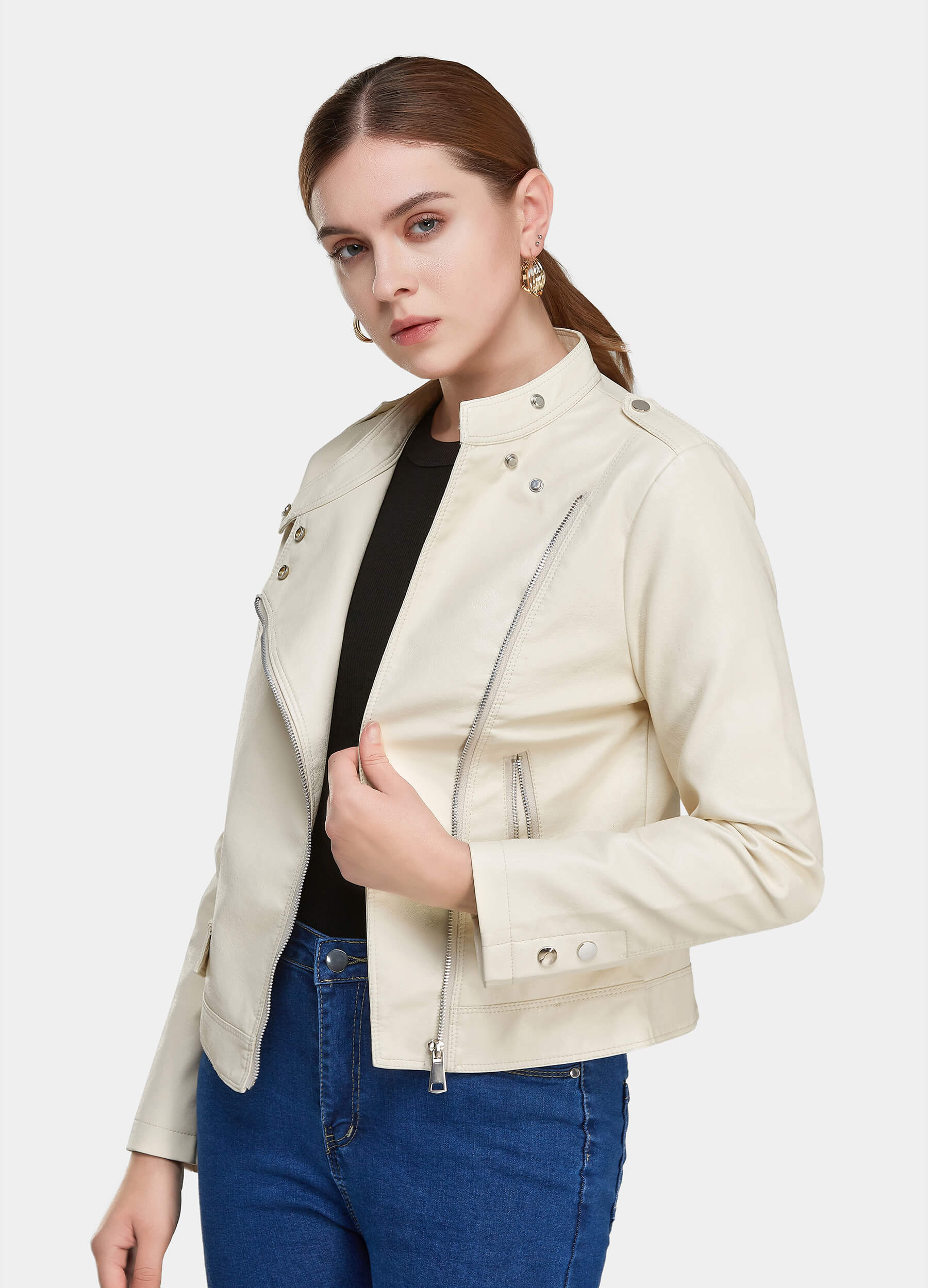 Women's Zip Up Flap Pocket PU Leather Moto Jacket-Beige