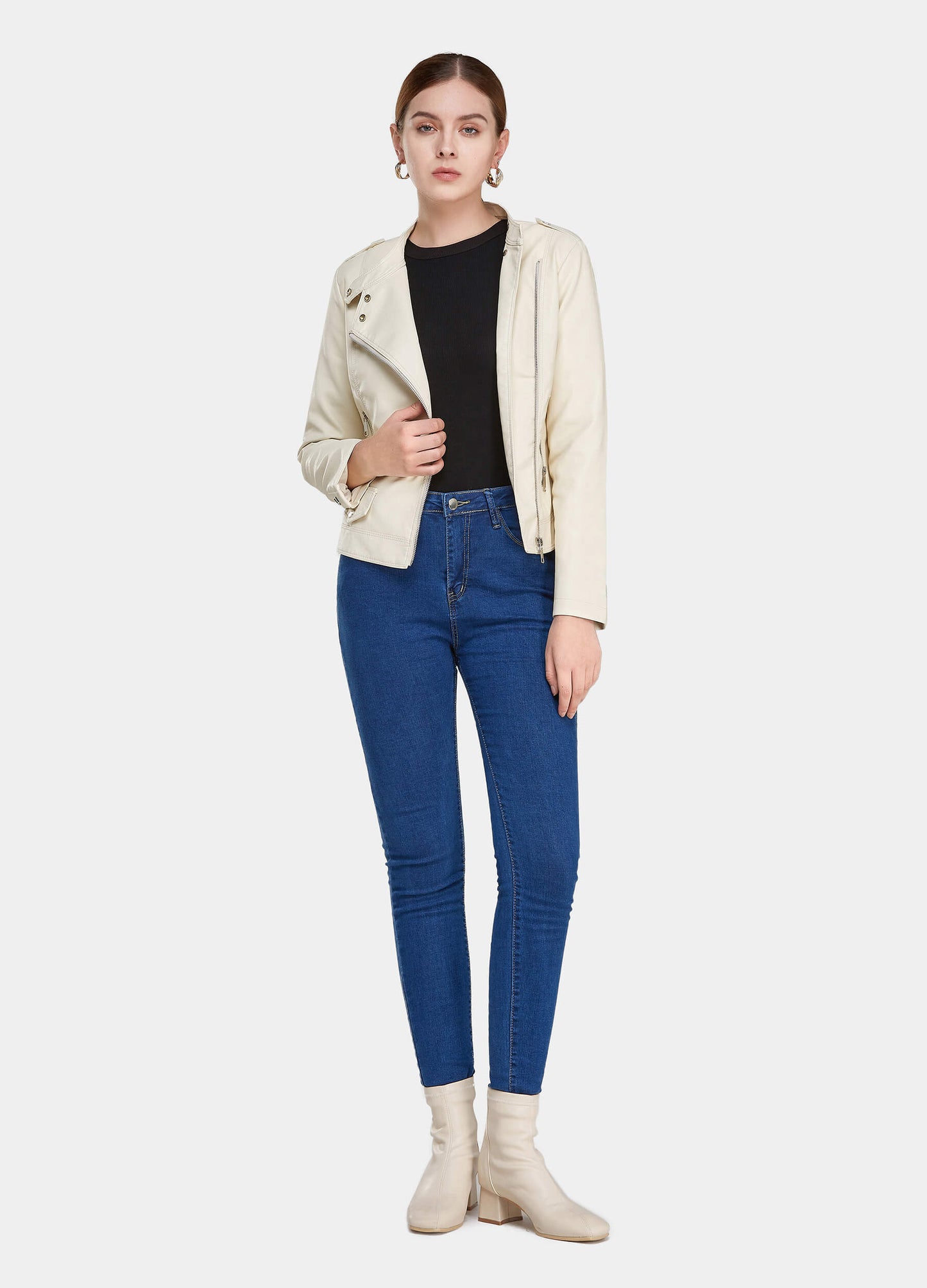 Women's Zip Up Flap Pocket PU Leather Moto Jacket-Beige main view