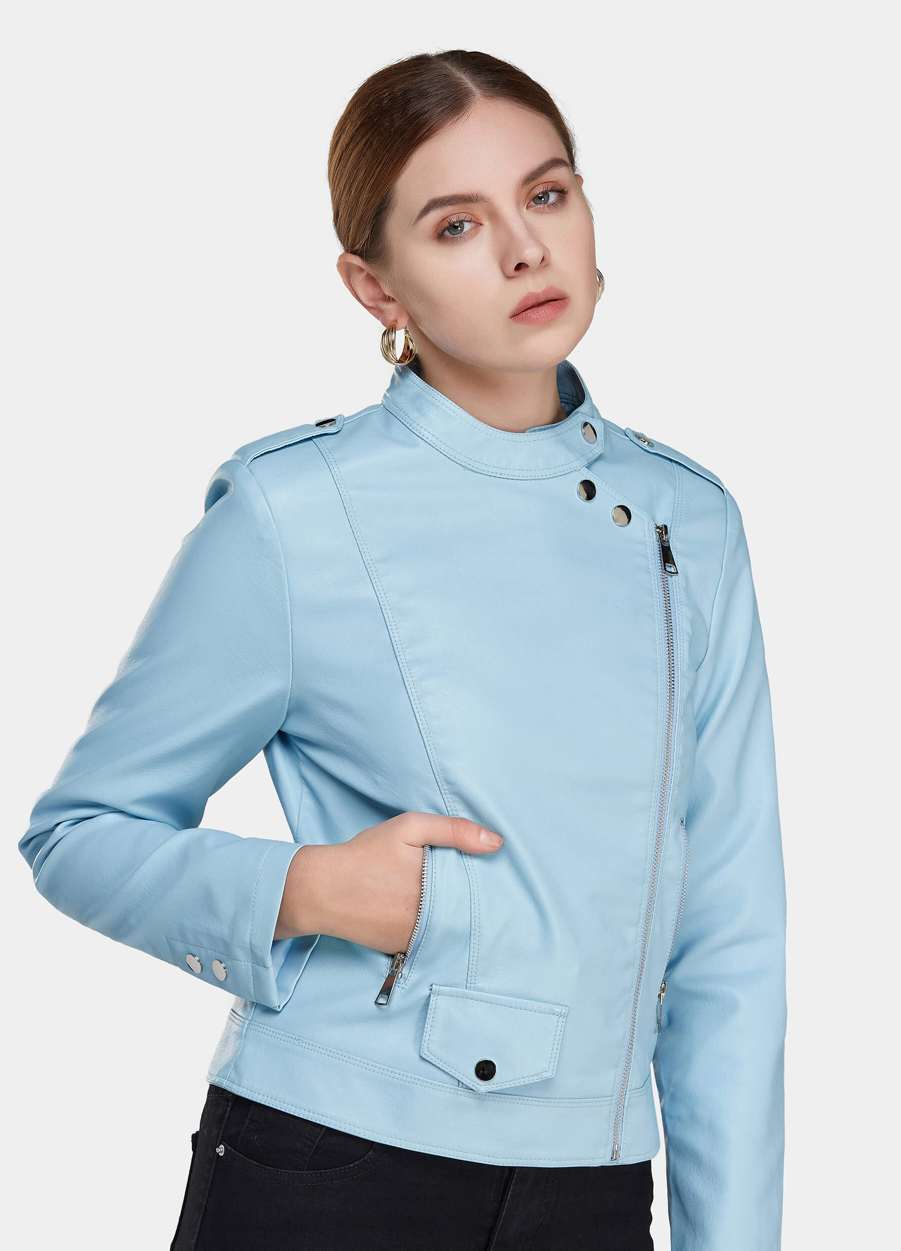 Women's Zip Up Flap Pocket PU Leather Moto Jacket-Blue